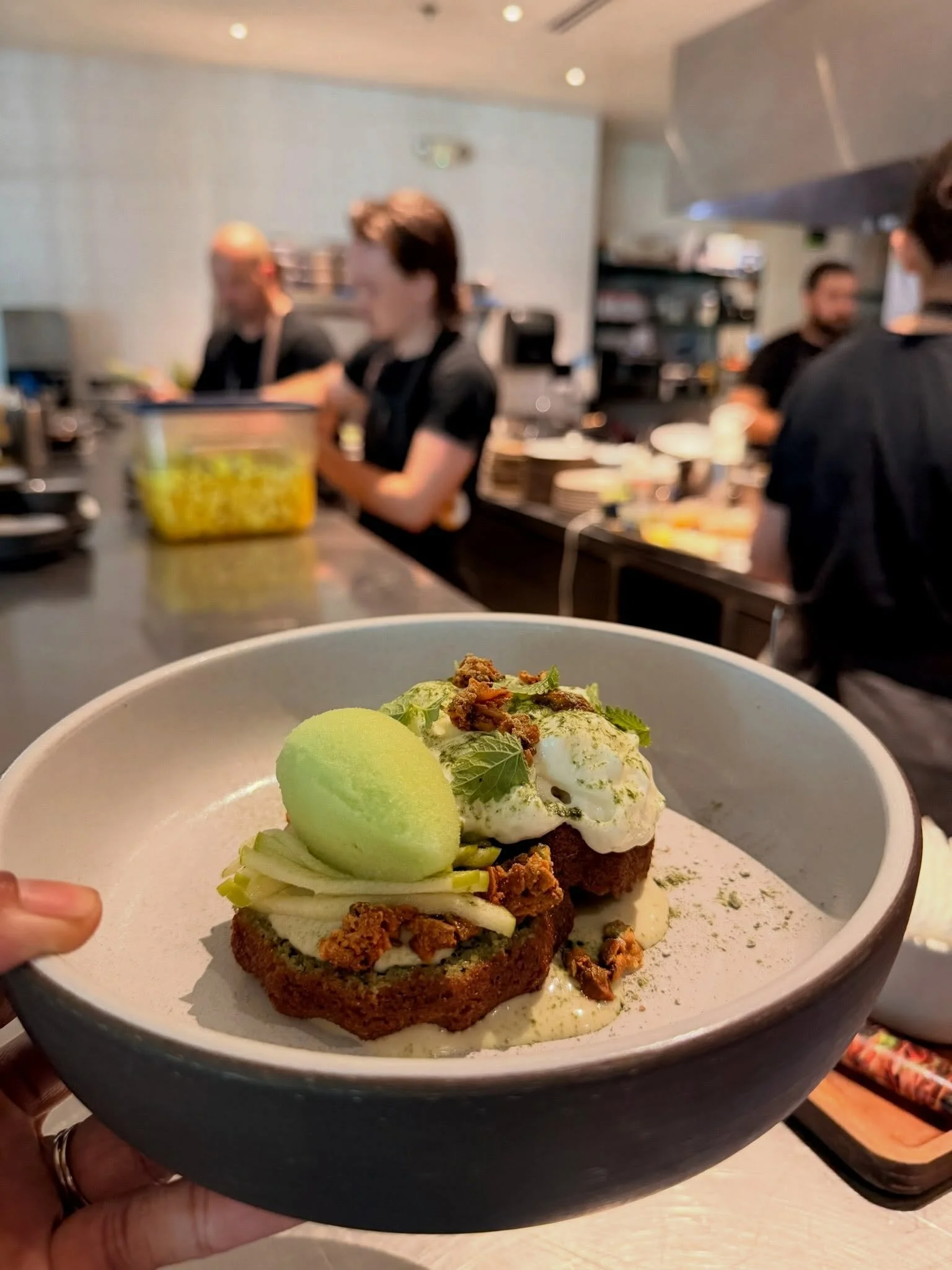 New dessert heading into early fall 🍏 Pistachio financier, yogurt mousse, matcha, green apple sorbet.