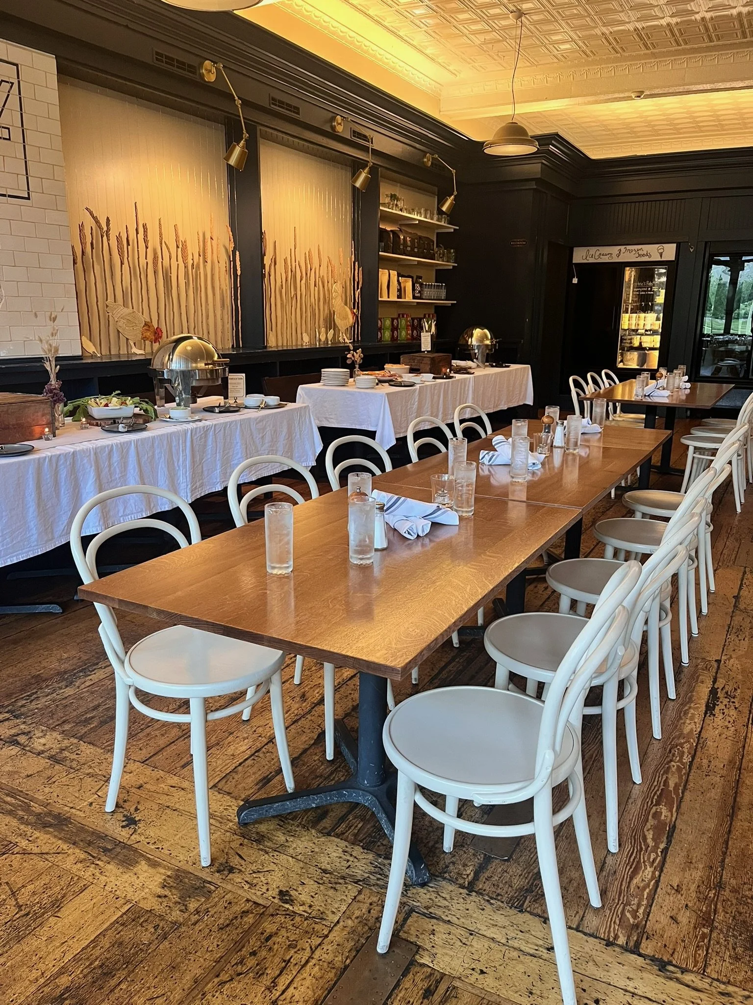 Our main dining room set for a private event with a buffet style food service.
