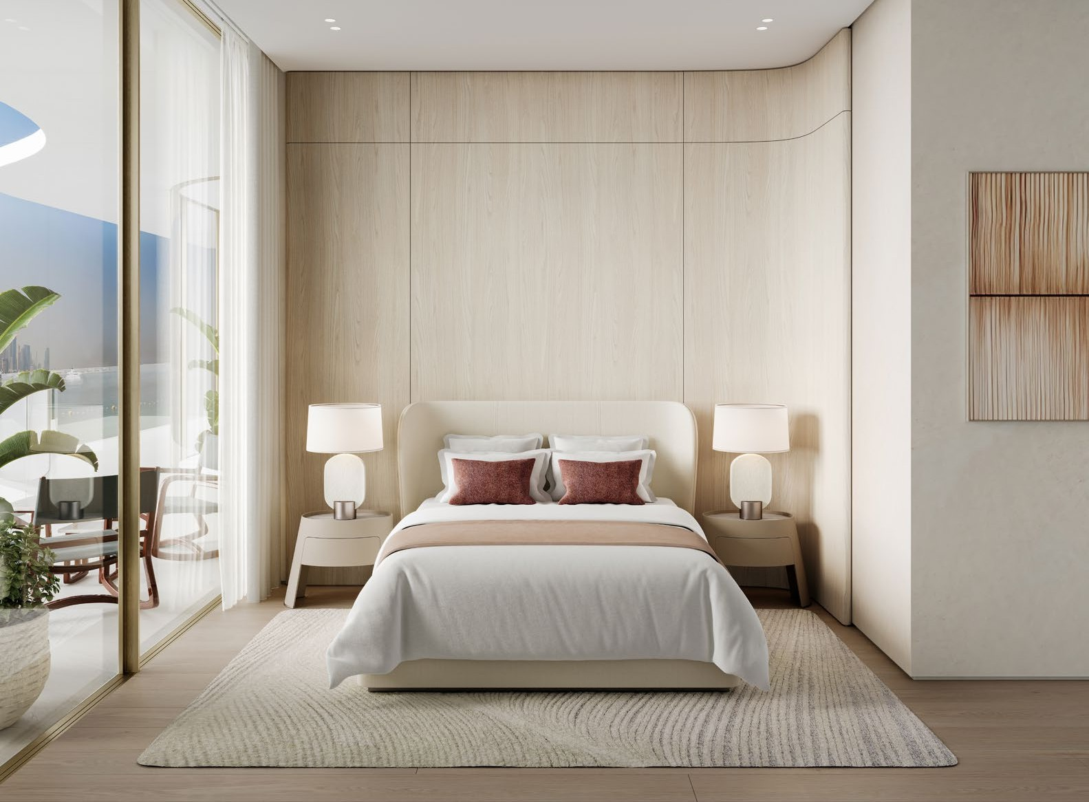 Modern bedroom with a bed, two nightstands with lamps, beige walls, and sliding glass door leading to balcony with outdoor furniture and city view.