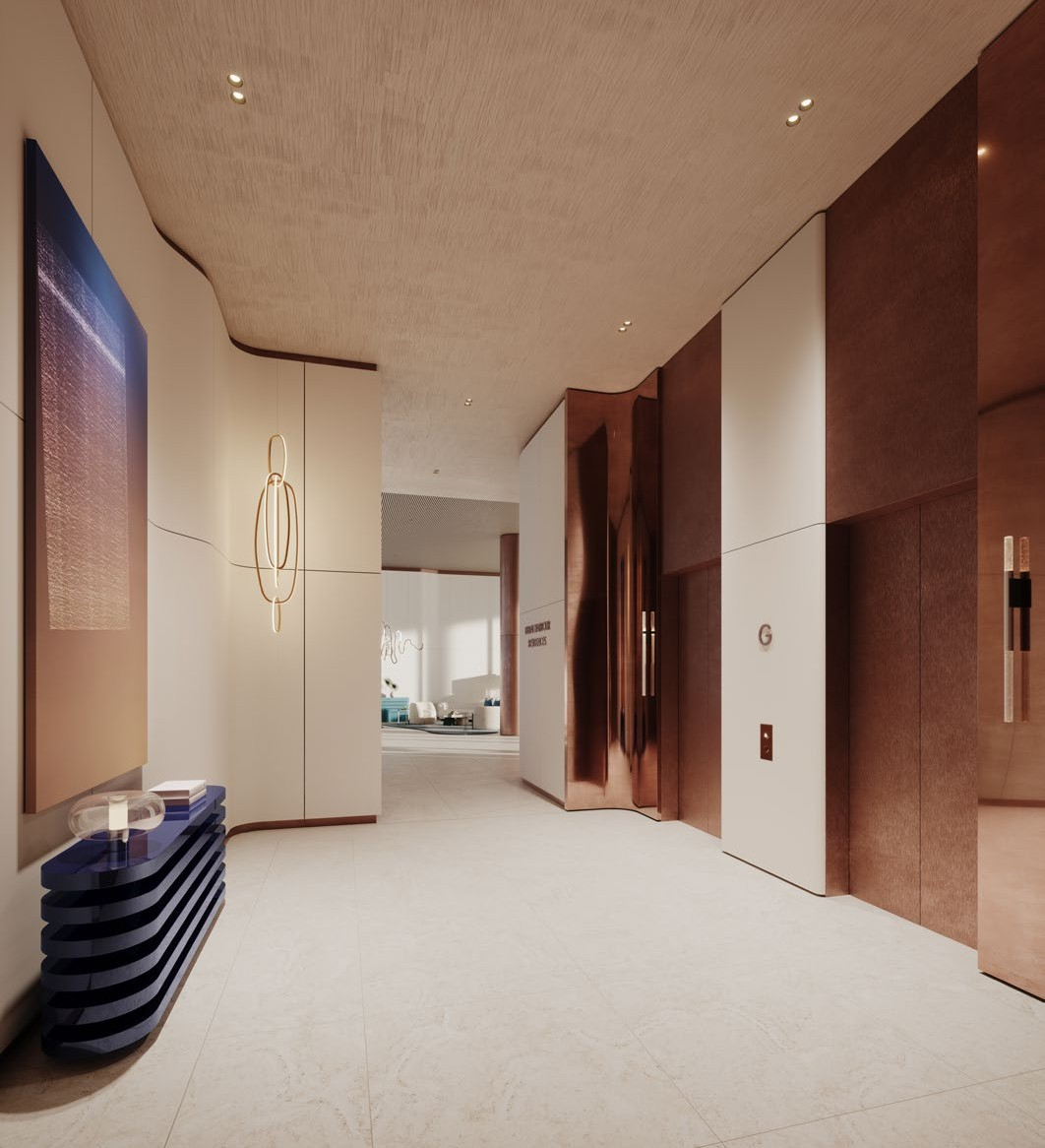 Modern hotel lobby with minimalist decor, wooden accents, abstract artwork, and elegant lighting fixtures.