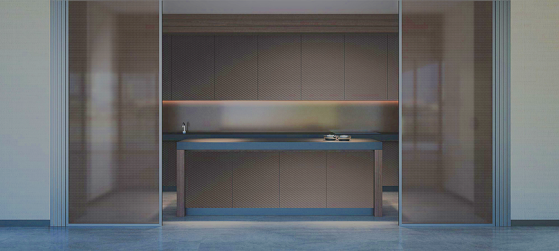 Modern kitchen with a minimalist design, featuring a blue countertop, built-in cabinets, a small sink, and a pair of cups on the counter.