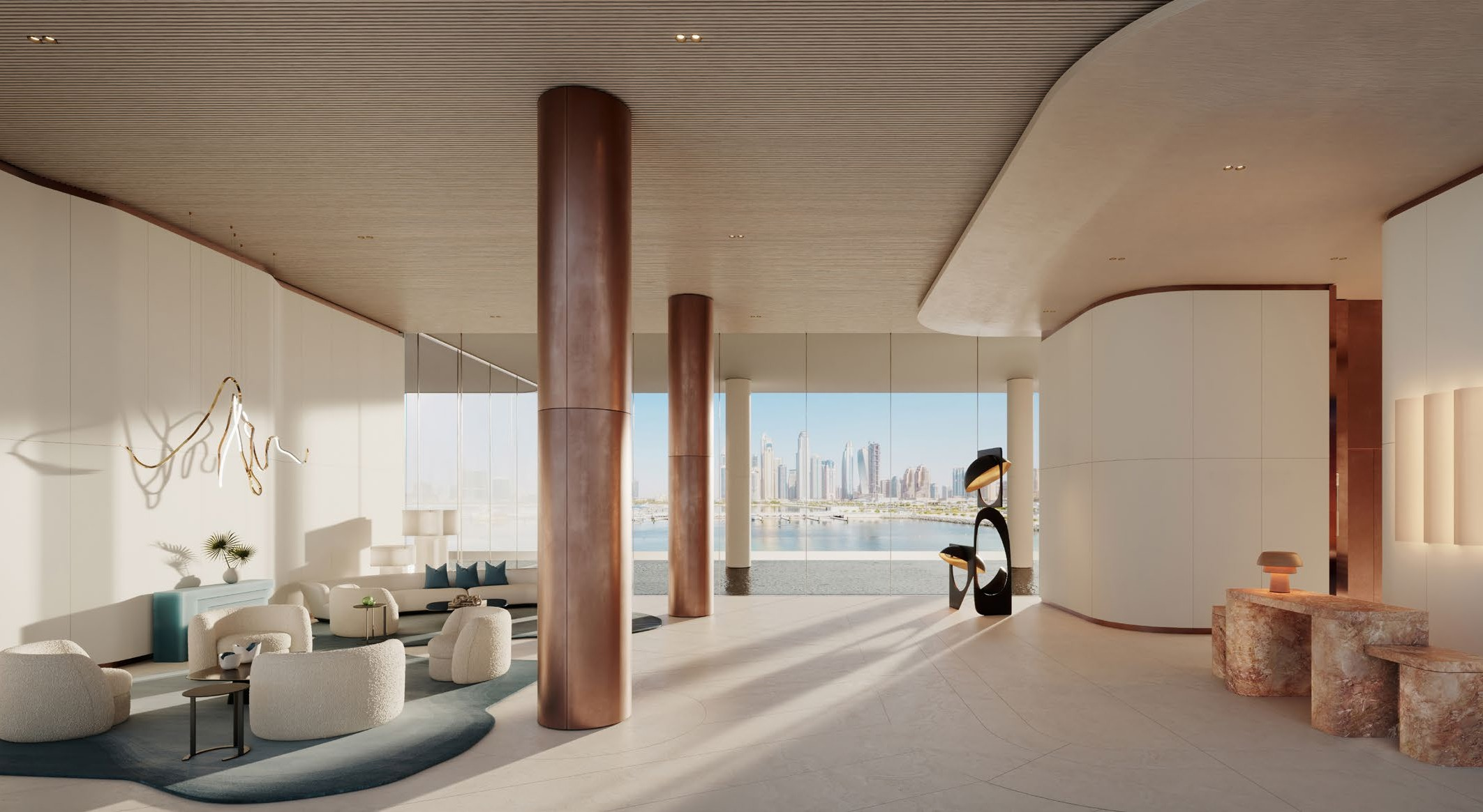 Modern hotel lobby with large glass windows overlooking a city skyline and river, featuring white and beige furnishings, copper columns, and abstract sculptures.