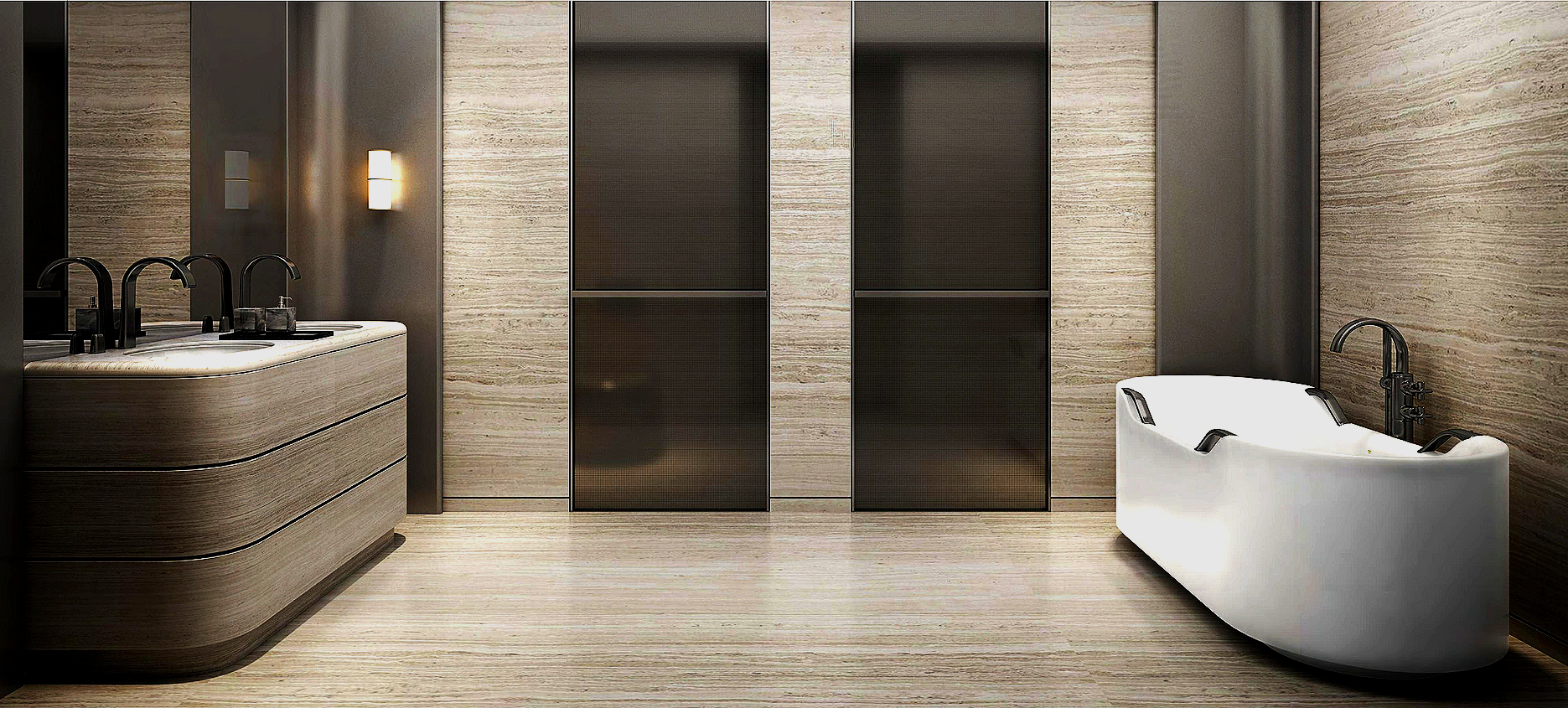 Modern bathroom with a bathtub, double sinks, and storage cabinets, featuring wood and dark metal finishes.