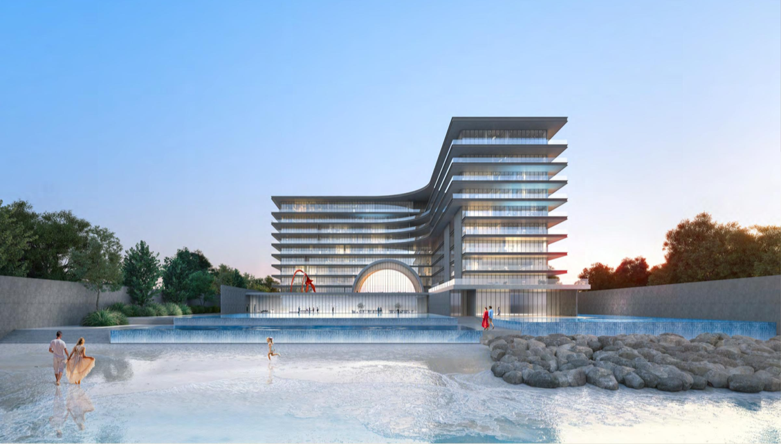 Digital rendering of a modern multi-story hotel or resort building with curved architecture, large glass windows, and a water feature in the foreground at sunset, with people walking near the water and trees on either side.