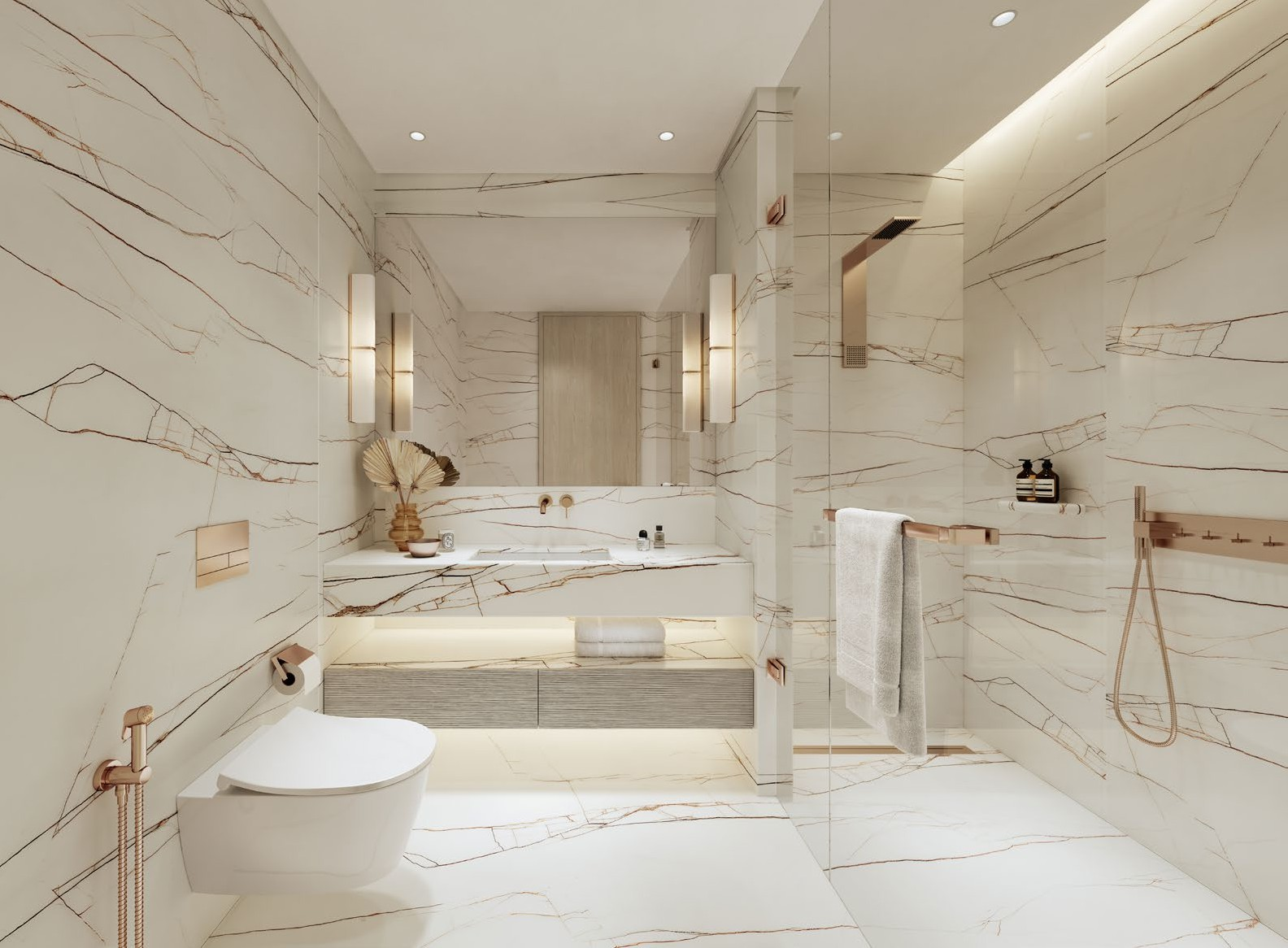 Luxurious bathroom with marble walls and floor, modern fixtures, a toilet, a large mirror, and a bathtub with decor.