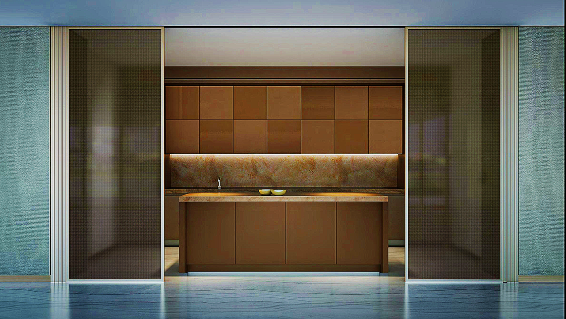 Modern kitchen with wooden cabinets, a marble backsplash, and sliding glass doors.