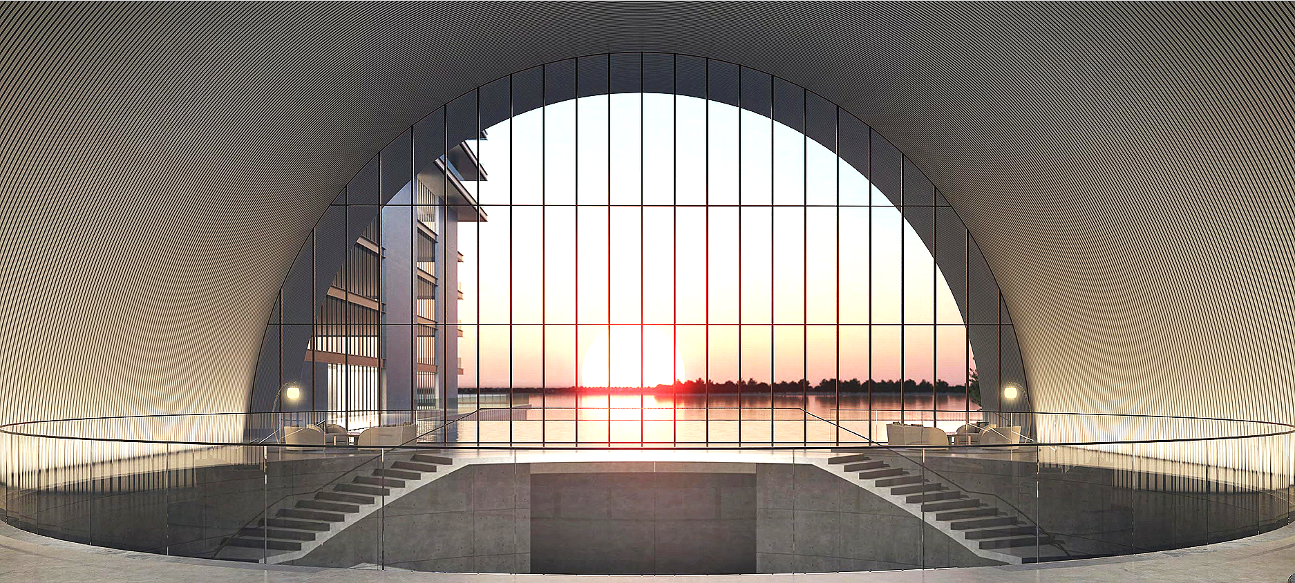 Modern architectural interior with large curved window overlooking a sunset over a body of water, with stairs and seating area inside.