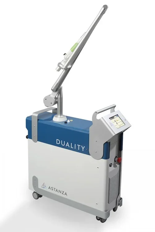 Medical laser device labeled 'DUALITY' with a control panel and a long, extendable light arm