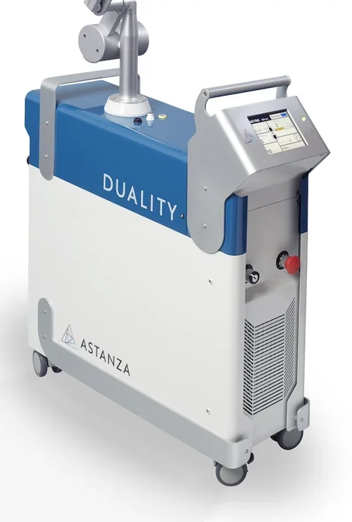 Medical laser device with touchscreen panel, labeled 'DUALITY' by Astanza, used for cosmetic or dermatological procedures.