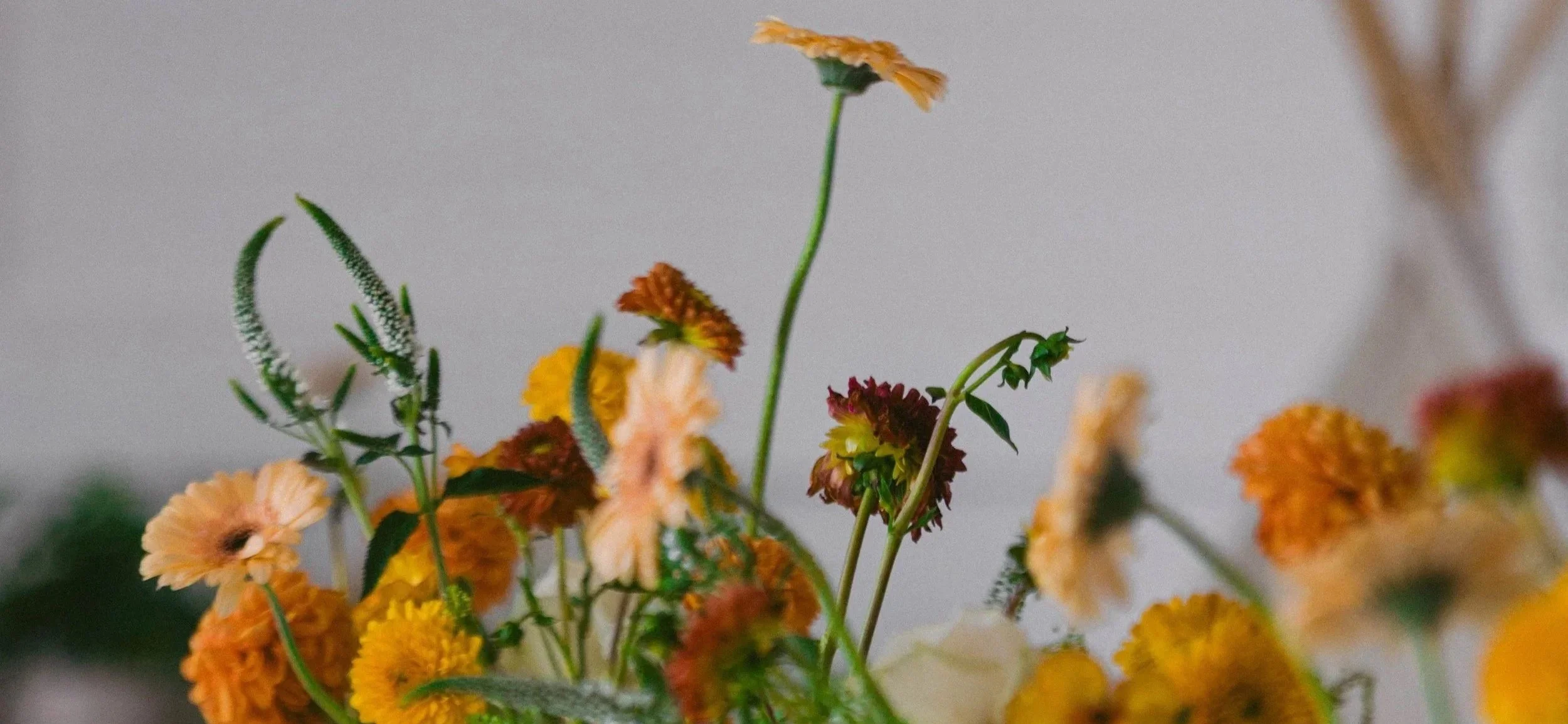 Close-up of a bouquet of small orange, yellow, and white flowers with green stems and leaves, against a neutral background.
