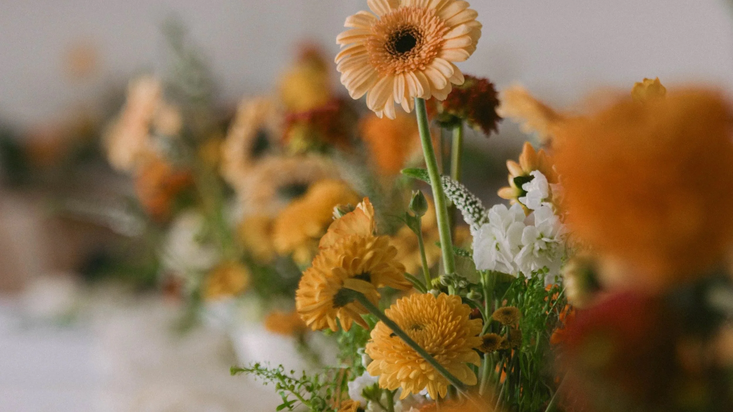 Close-up of a table arraignment of orange and white flowers, including gerbera daisies, with a blurred background.