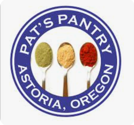 Logo for Pat's Pantry in Astoria, Oregon, featuring three spoons with green, yellow, and red spices.