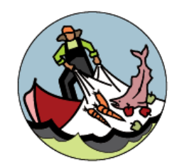 Cartoon man in black apron and orange cap, holding a large fish with an arrow through its head, standing on a boat with other fishing items around.