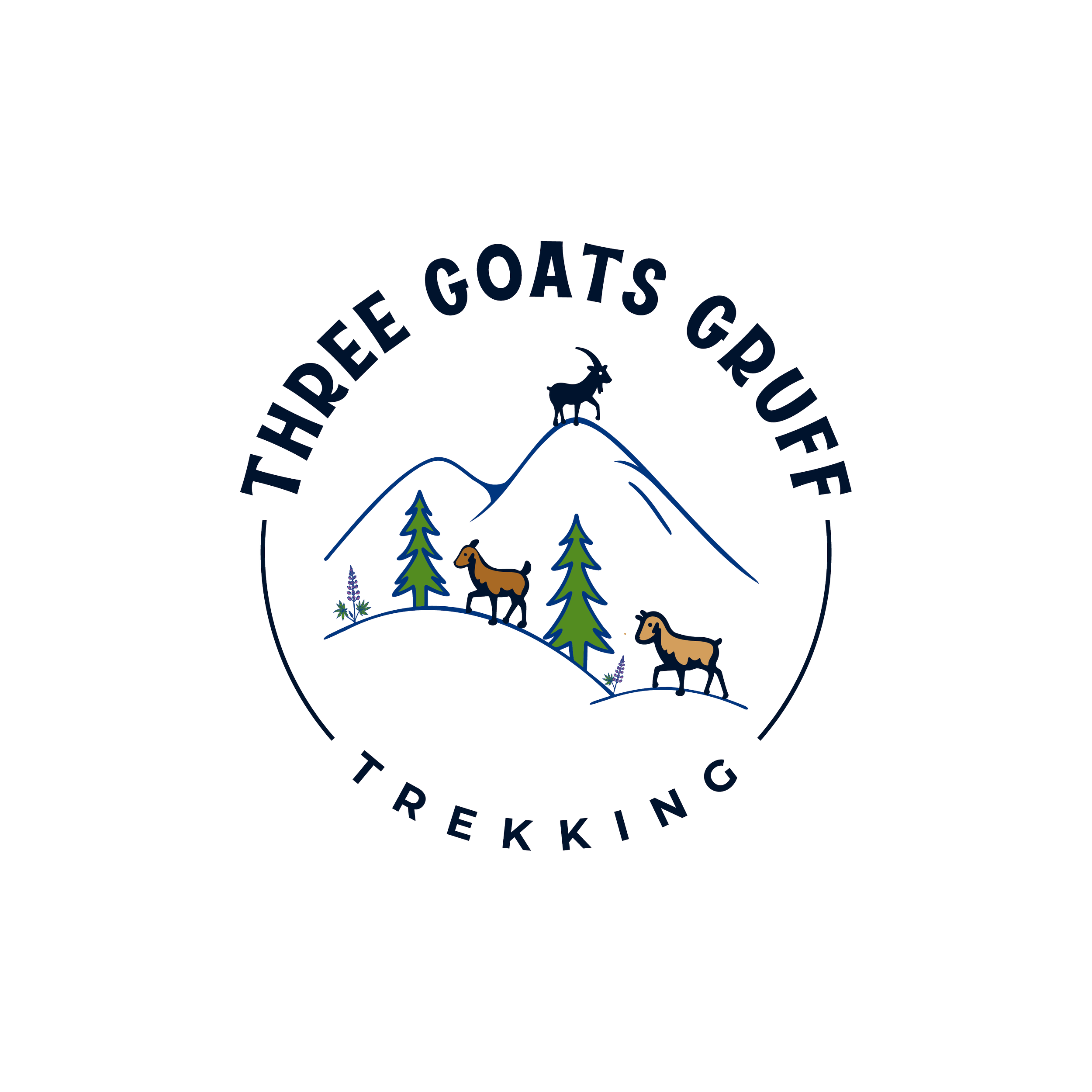 A logo for Three Goats Gruff Trekking featuring mountain scenery, goats, and trees.