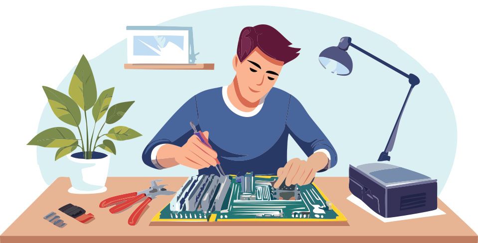 A person working on assembling or repairing a computer motherboard at a desk with tools and a lamp.