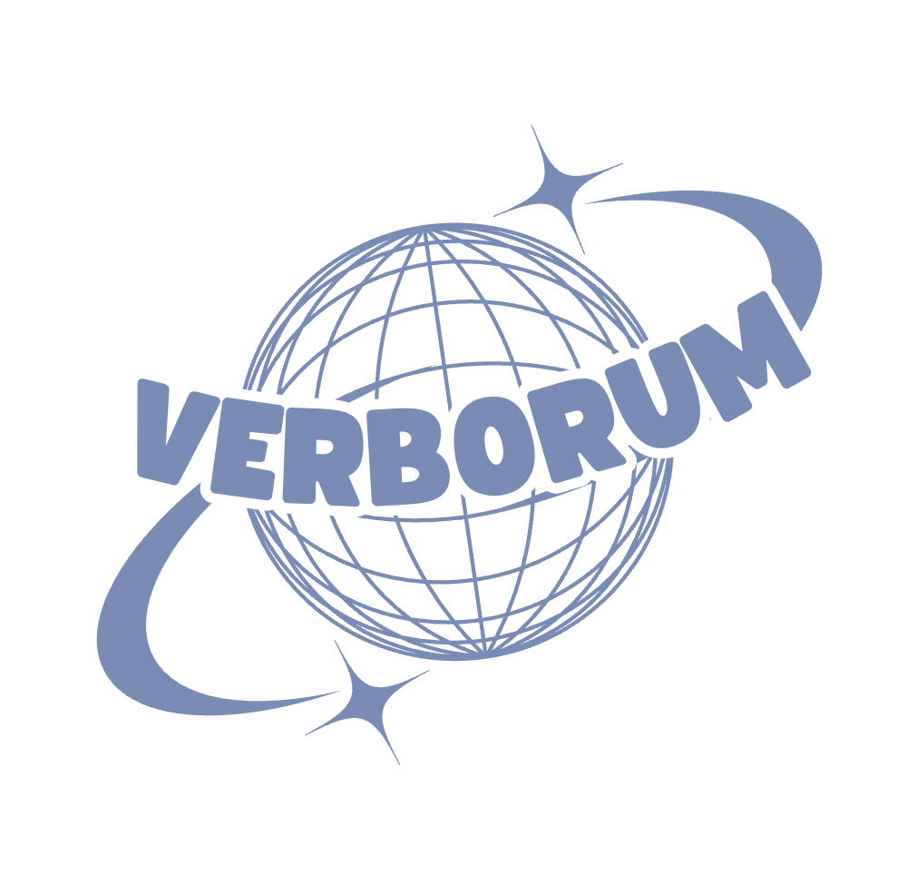 A logo with a globe and the word 'VERBORUM' across it, surrounded by two swooshing lines and star-shaped sparkles.
