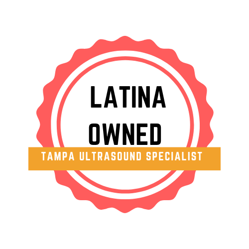 A badge with a pink and white scalloped border, black text that says "Latina Owned," and a gold banner that says "Tampa Ultrasound Specialist."