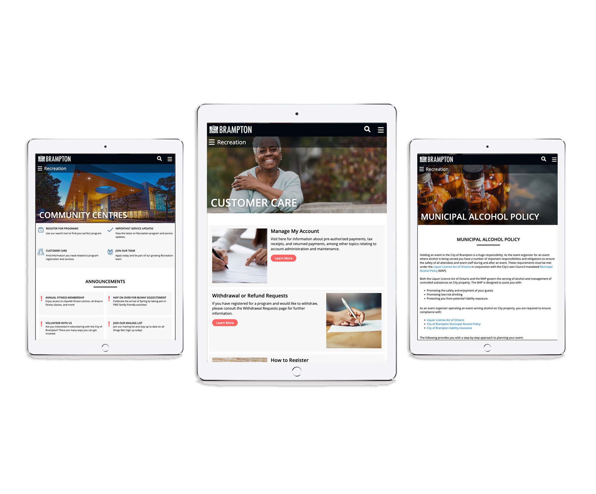 Tablet presentation of City of Brampton Recreation pages