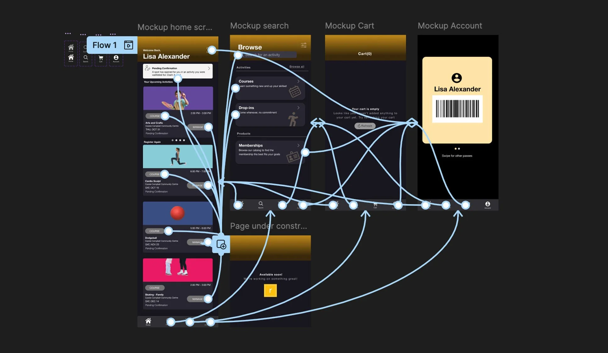 Prototype of app showing interactions