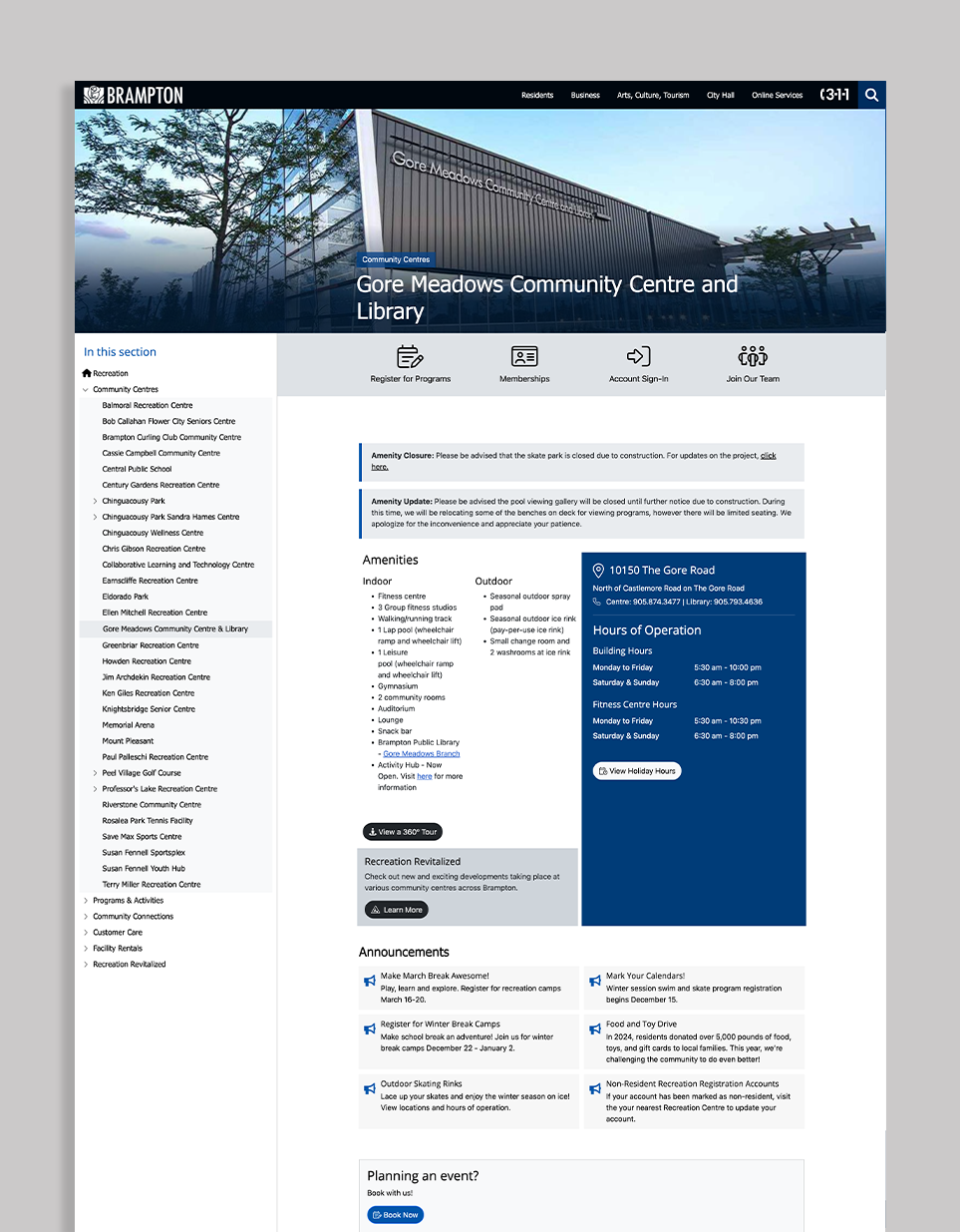 Gore Meadows Community Centre landing page