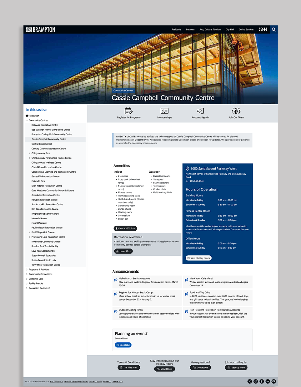 Cassie Campbell Community Centre landing page
