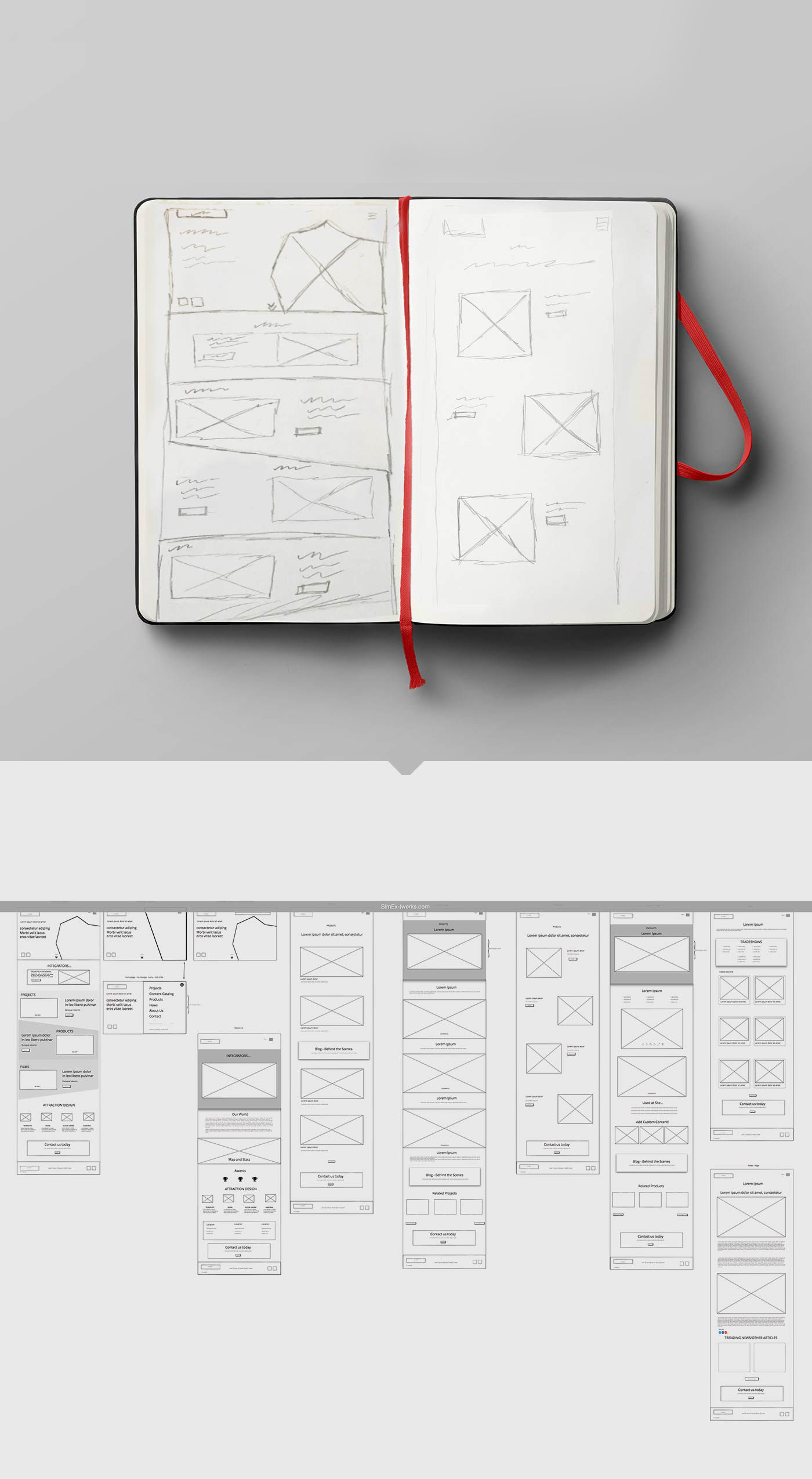 A rough sketch and wireframe of the website
