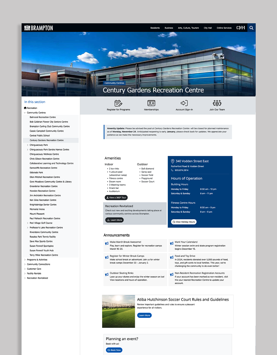 Century Gardens Community Centre landing page