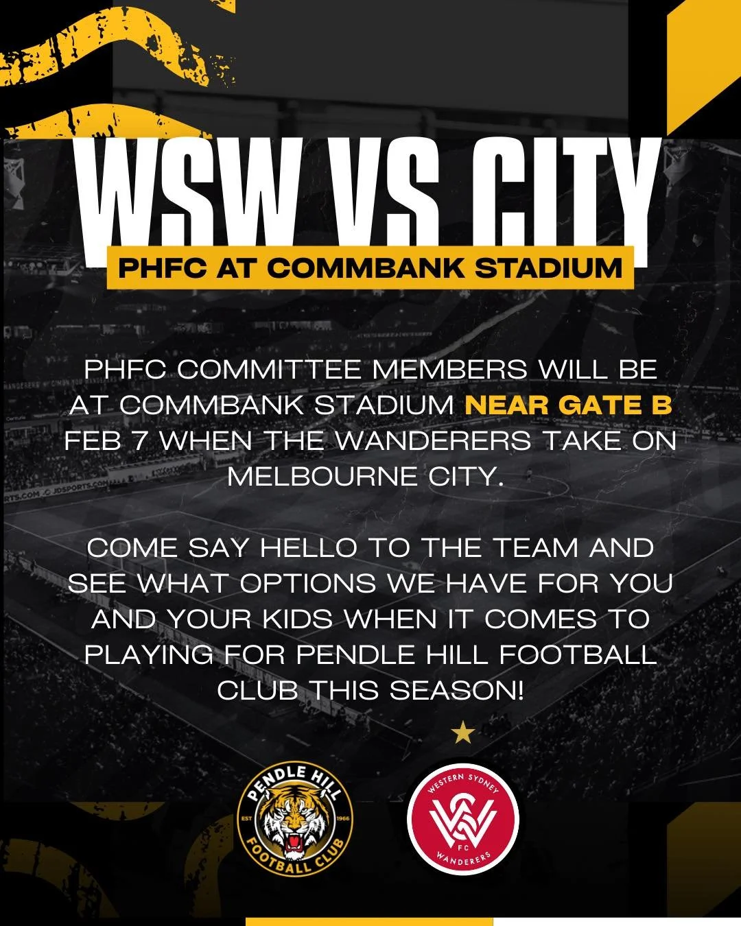 PHFC Committee members will be at Commbank Stadium, OUTSIDE GATE B at today&rsquo;s A-league game between WSW and Melbourne City. 

Come say hello to the team and see what options we have for you and your kids when it comes to playing for Pendle Hill