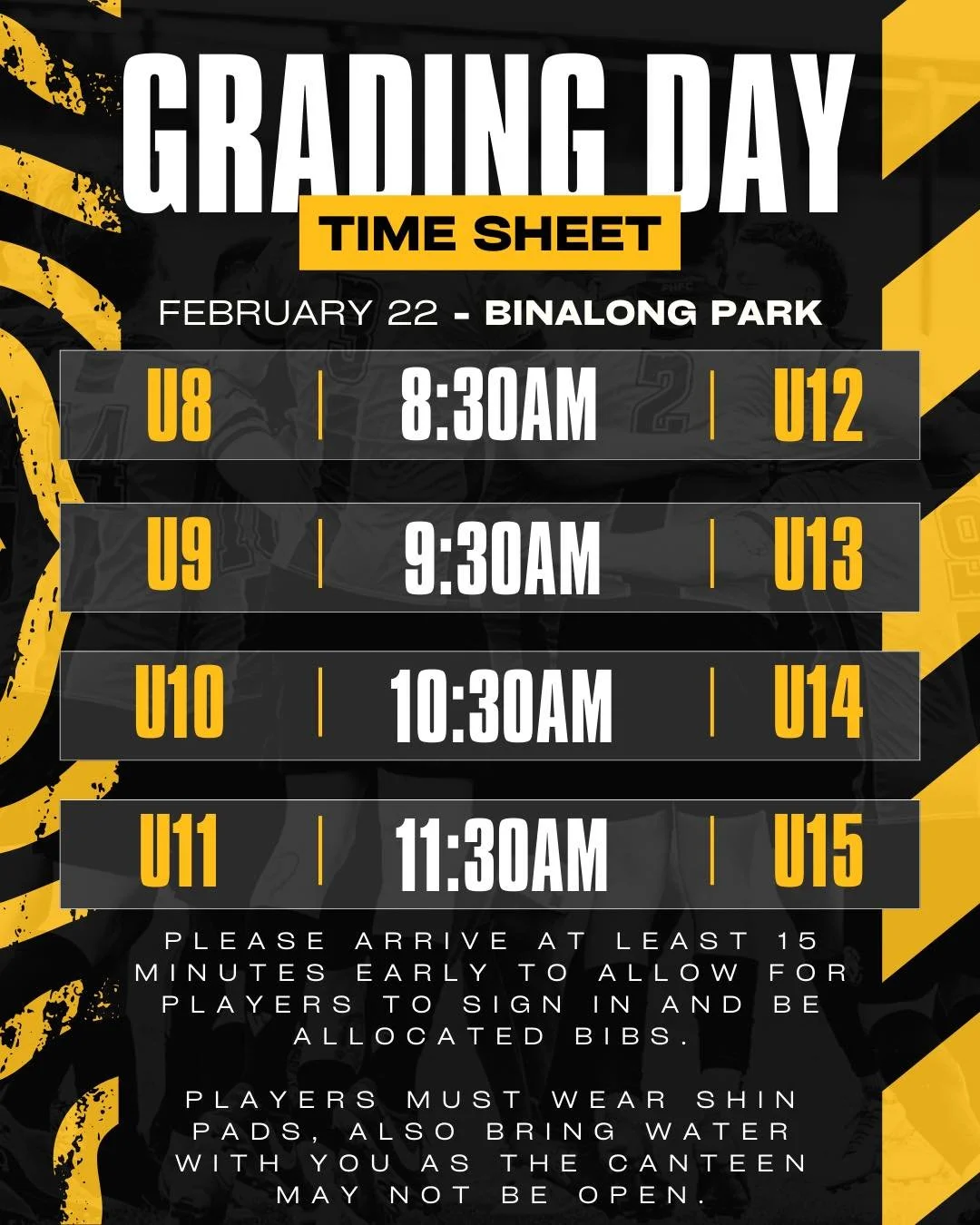 JUNIOR TEAM GRADING DAY

Sunday morning 22 February at Binalong Park. 

Please arrive at least 15 minutes early to allow for players to sign in and be allocated bibs.

Players must wear shin pads, also bring water with you as the canteen may not be o