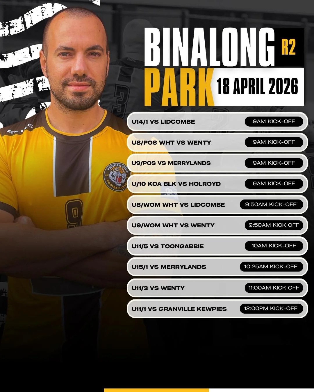Round 2 @ Binalong. 

Another big Saturday coming up with games running from 9am through to final kickoff at 12pm. 

Get down the Binalong to support the Tigers in week 2!
