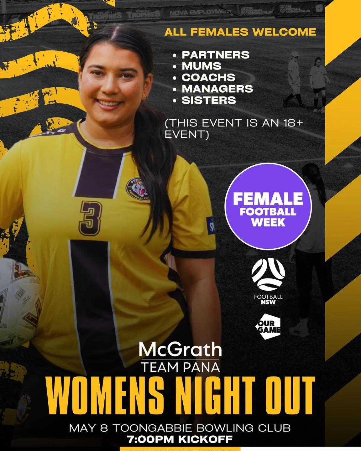 Ladies of Pendle Hill, it&rsquo;s your night! 💃

Join us on May 8th at 7pm for a fun night out at Toongabbie Sports Club &mdash; with nibbles provided and a free drink on entry 🍸

All women in football are welcome &mdash; mums, wives, coaches, mana