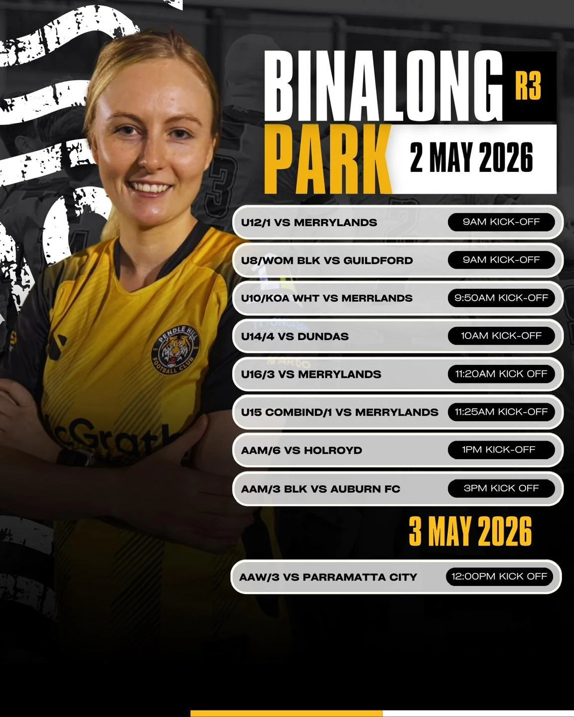 Round 3 at Binalong.

Round 3 kicks off at 9am this week with games running all the way through to our AAM/3 kick off at 3pm!

Sunday our AAW/3 will be kicking off at midday at Binalong to finish off the home games for the week!

Get down there and s