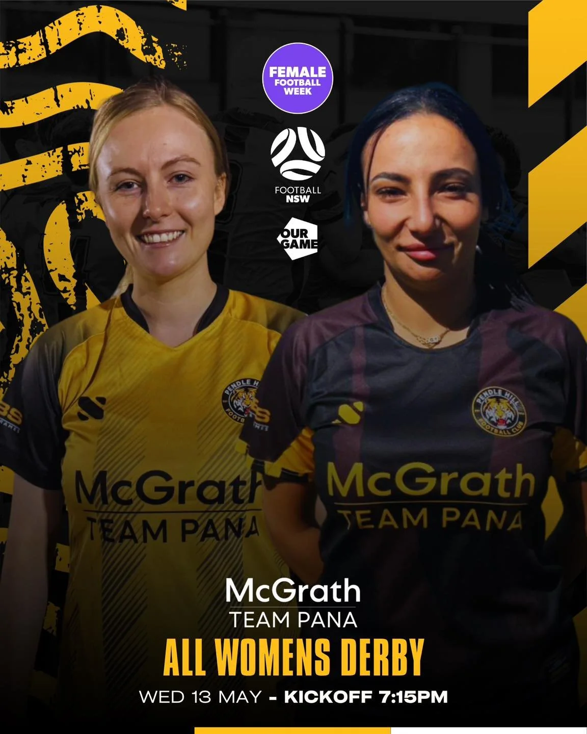 It&rsquo;s Derby Night at Binalong Park! 

Join us this Wednesday for Pendle Hill Football Club&rsquo;s Annual Female Football Week Derby &lsquo;She Roars&rsquo;

📍 Binalong Park
🕢 Kick-off: 7:15PM

Come down and celebrate female football with:
🌭 