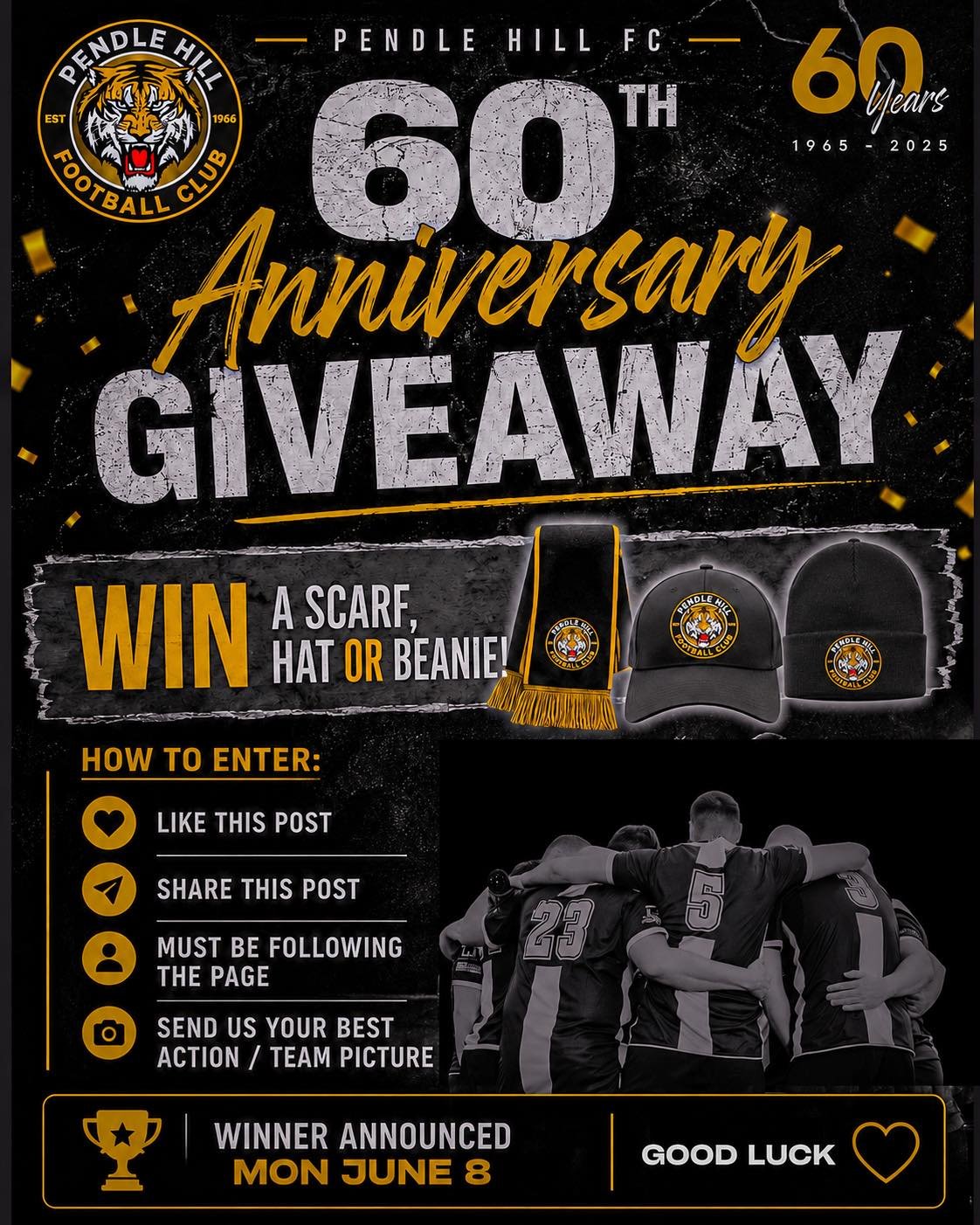 60 Years of Pendle Hill FC &mdash; Time to Celebrate! 

To celebrate 60 incredible years of Pendle Hill FC, we&rsquo;re giving back to our amazing community with a special Anniversary Giveaway 🐯🖤💛

🏆 WIN a Pendle Hill FC scarf, cap or beanie!

Ho