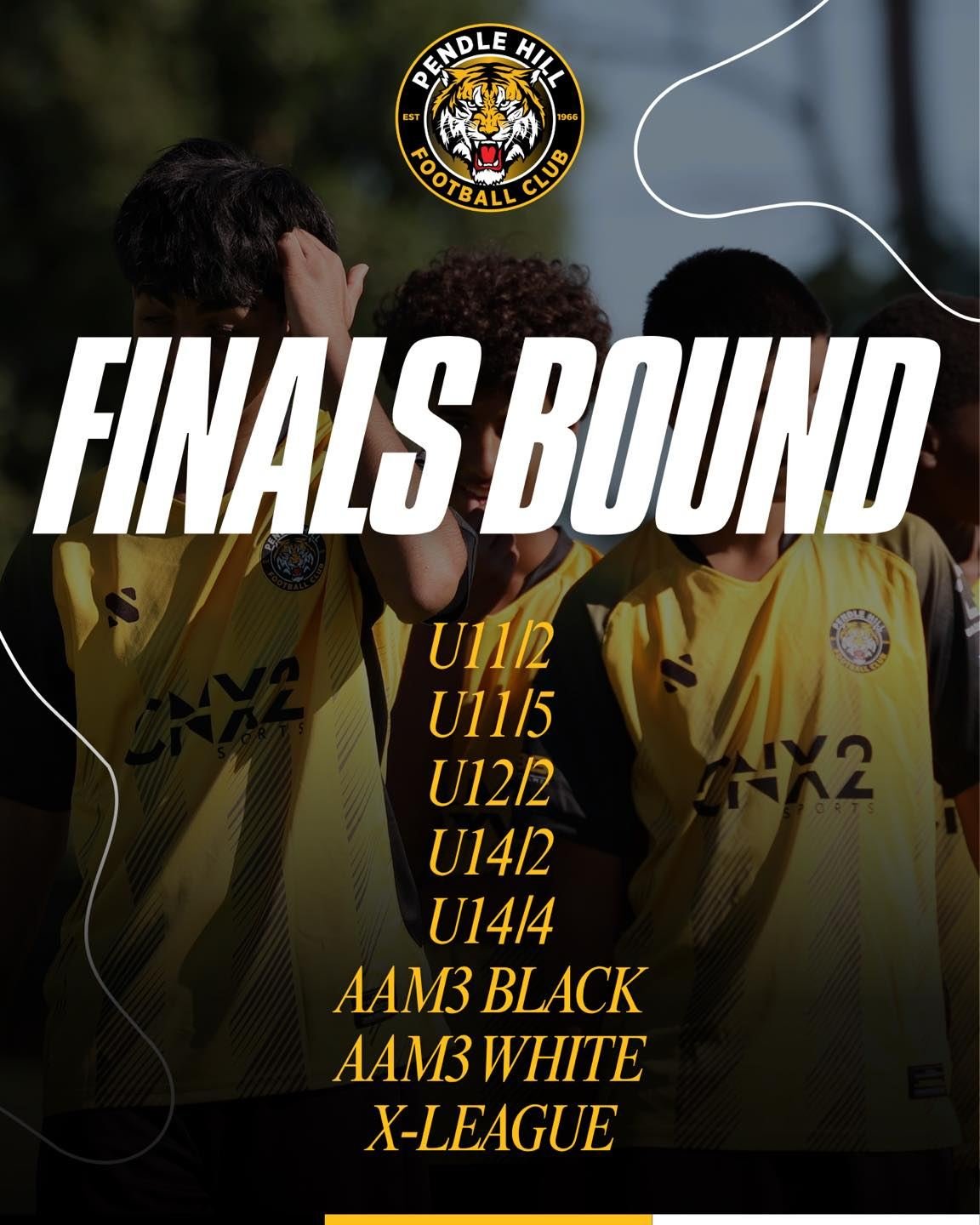 Congratulations to our teams who have made the finals!

U11 both division 2 and 5
U12/2
U14 both division 2 and 4
AAM3 Black and White both making it to finals and will have an AAM3 final derby at Binalong
X-League

Details to come for our games this