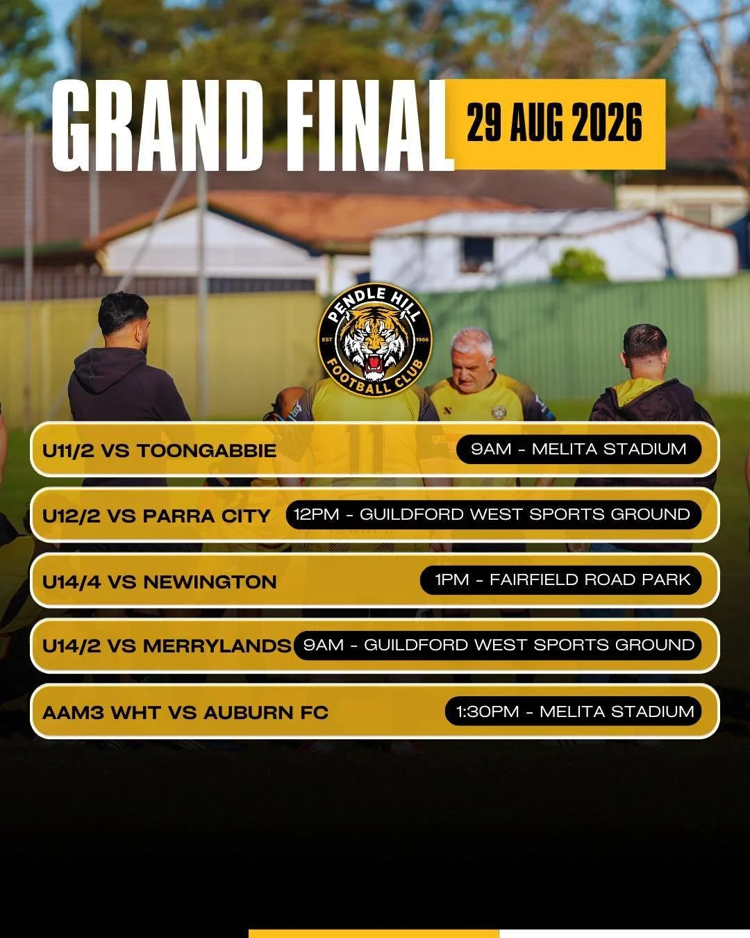 GRAND FINALS - TIMES AND LOCATIONS

Grand Final weekend is almost upon us and we have 5 teams ready to go to bring back the trophy to the tigers this year!

11 Div 2
U12 Div 2
U14 Div 2
U14 Div 4
AAM3

All these teams are chasing glory this season. C