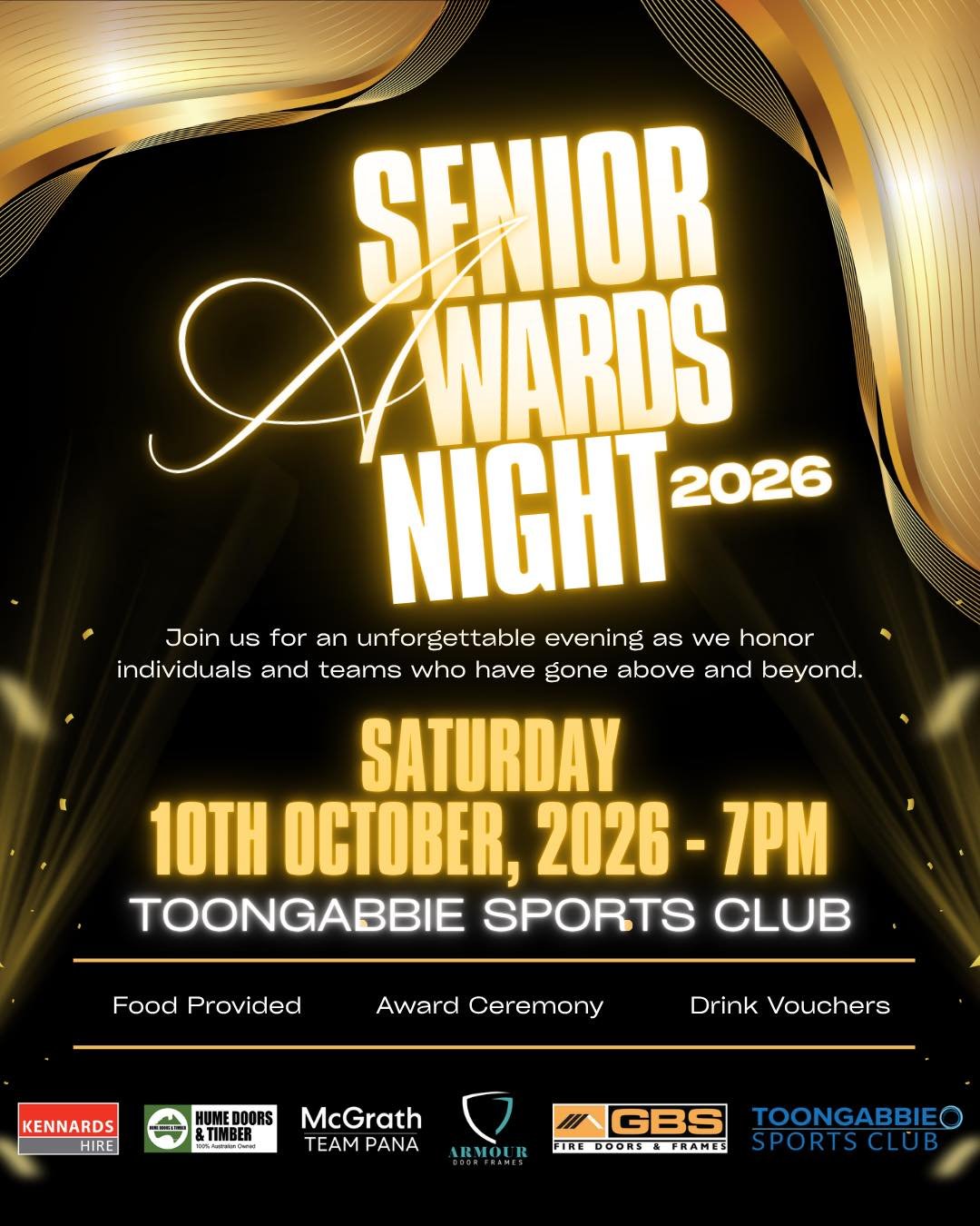 🎉 Senior Presentation Night 🎉

Join us on Saturday, 10 October, from 7pm at Toongabbie Sports Club as we celebrate an incredible season! 🏆

✅ Golden Boot
✅ Player of the Year
✅ Golden Glove
✅ Food provided

Let&rsquo;s wrap up the season together 