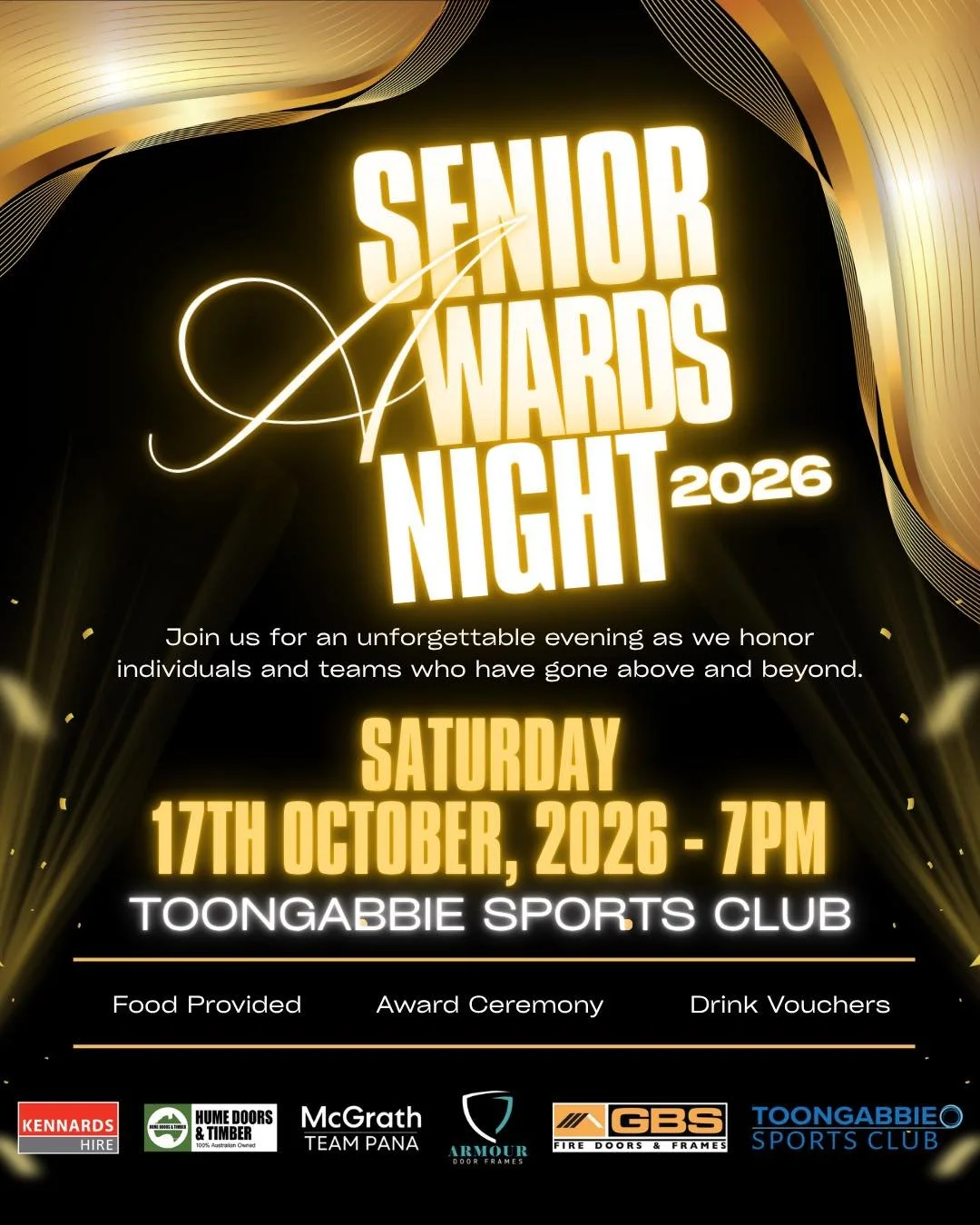 🎉 Senior Presentation Night 🎉

Join us on Saturday, 17 October, from 7pm at Toongabbie Sports Club as we celebrate an incredible season! 🏆

✅ Golden Boot
✅ Player of the Year
✅ Golden Glove
✅ Food provided

Let&rsquo;s wrap up the season together 
