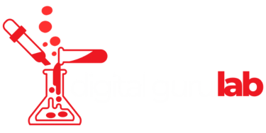 Logo of Digital Gun Lab featuring a red stylized gun shooting out digital effects and the text 'digital gun lab' with 'lab' in red.