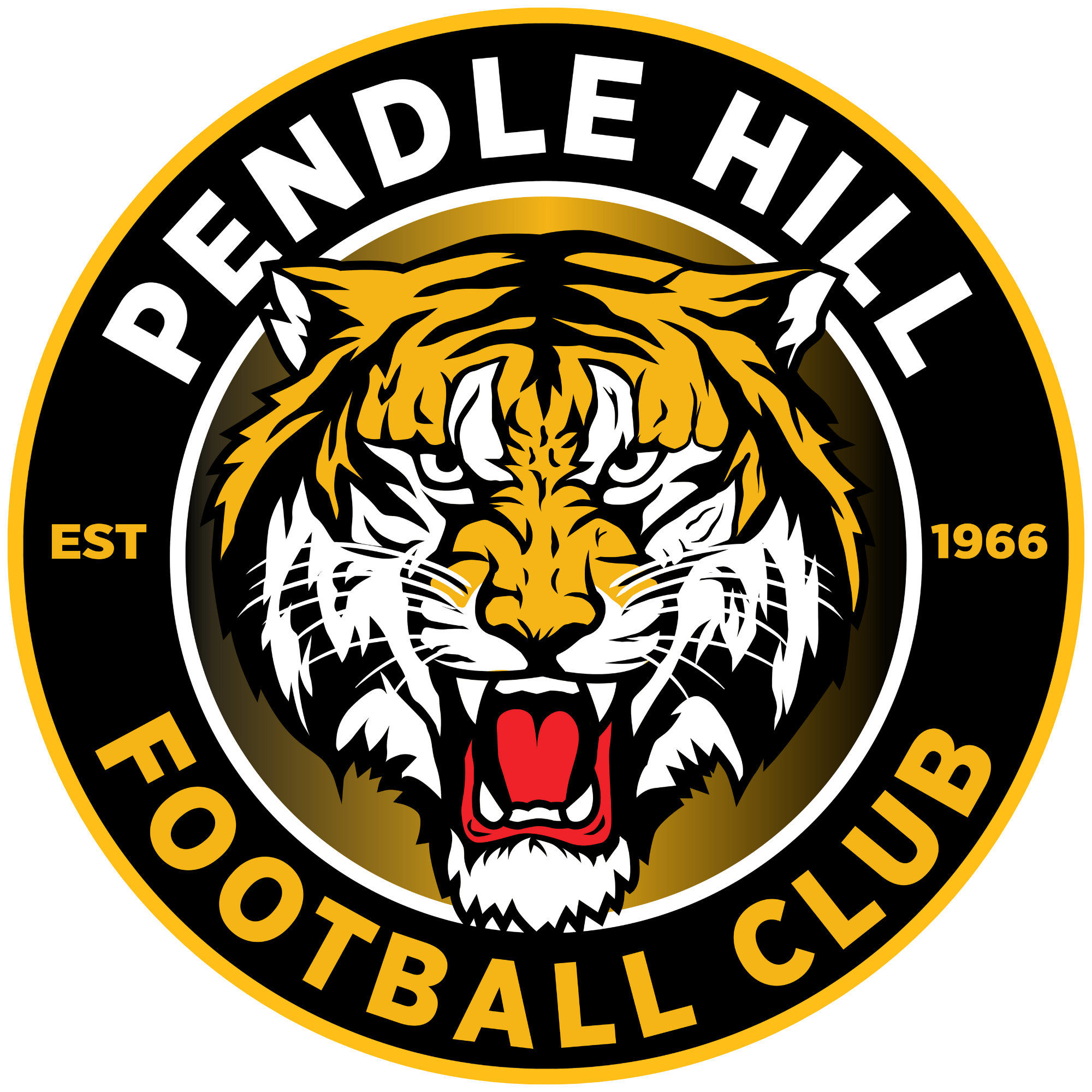 Logo for Pendle Hill Football Club featuring a fierce tiger's head with open mouth, set against a black and gold background, with text around it reading 'Pendle Hill Football Club Established 1966'.