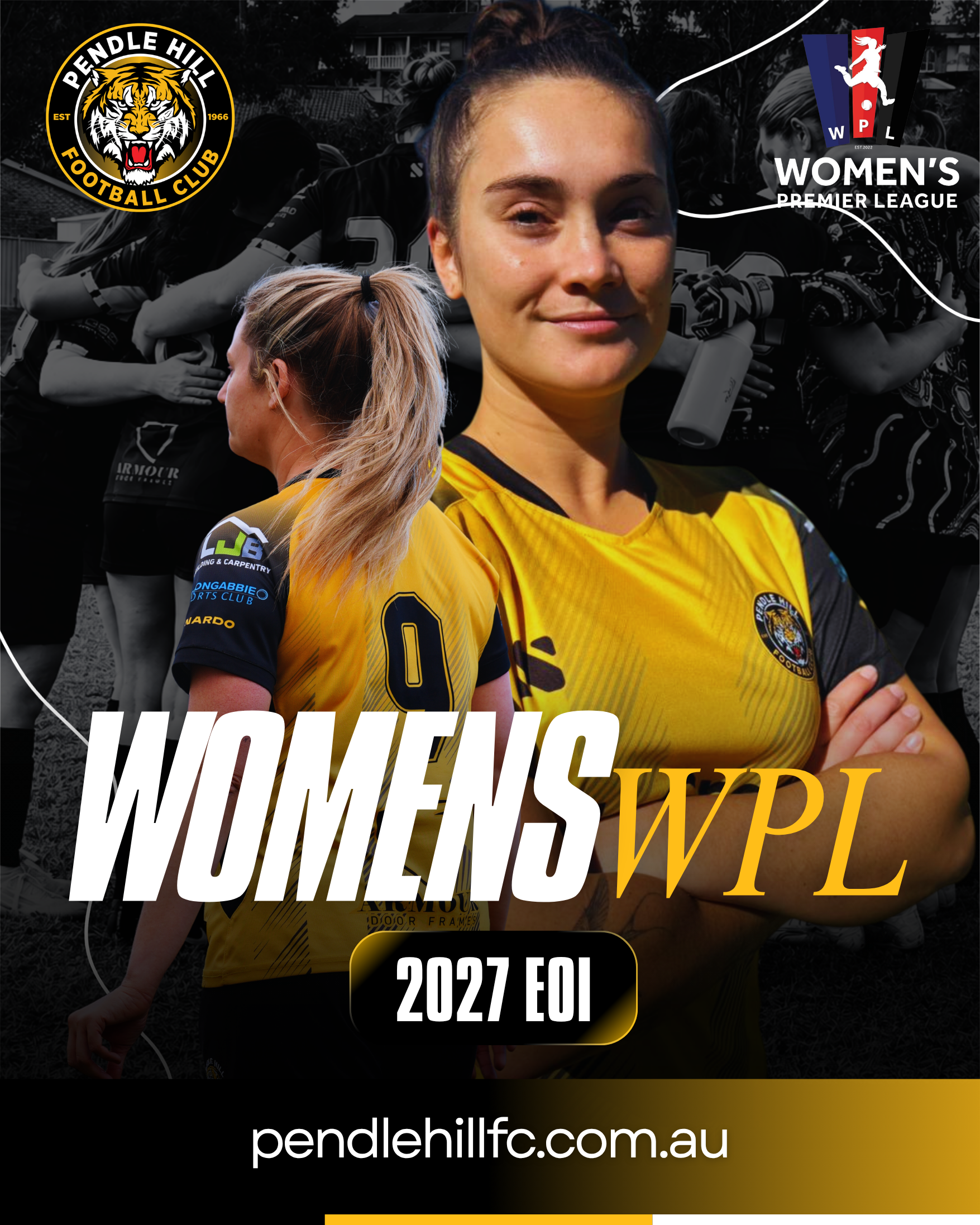Pendle Hill Football Club recruitment poster. Two women wearing black and gold jerseys. Text indicates the Women's Premier League, with reference to the 2027 EOI.