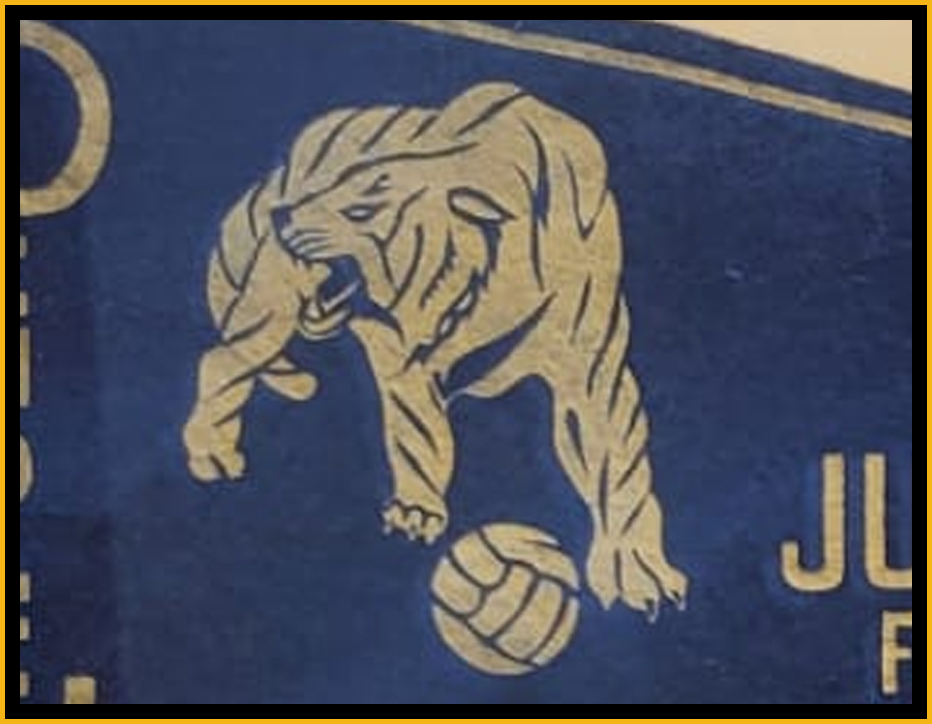 A stylized gold tiger with a volleyball in front of it on a dark blue background, part of a logo or emblem.