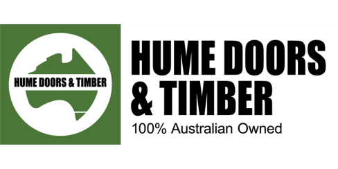 Logo for Hume Doors & Timber with green and black color scheme, featuring a hammer icon and the text "Hume Doors & Timber" and "100% Australian Owned."