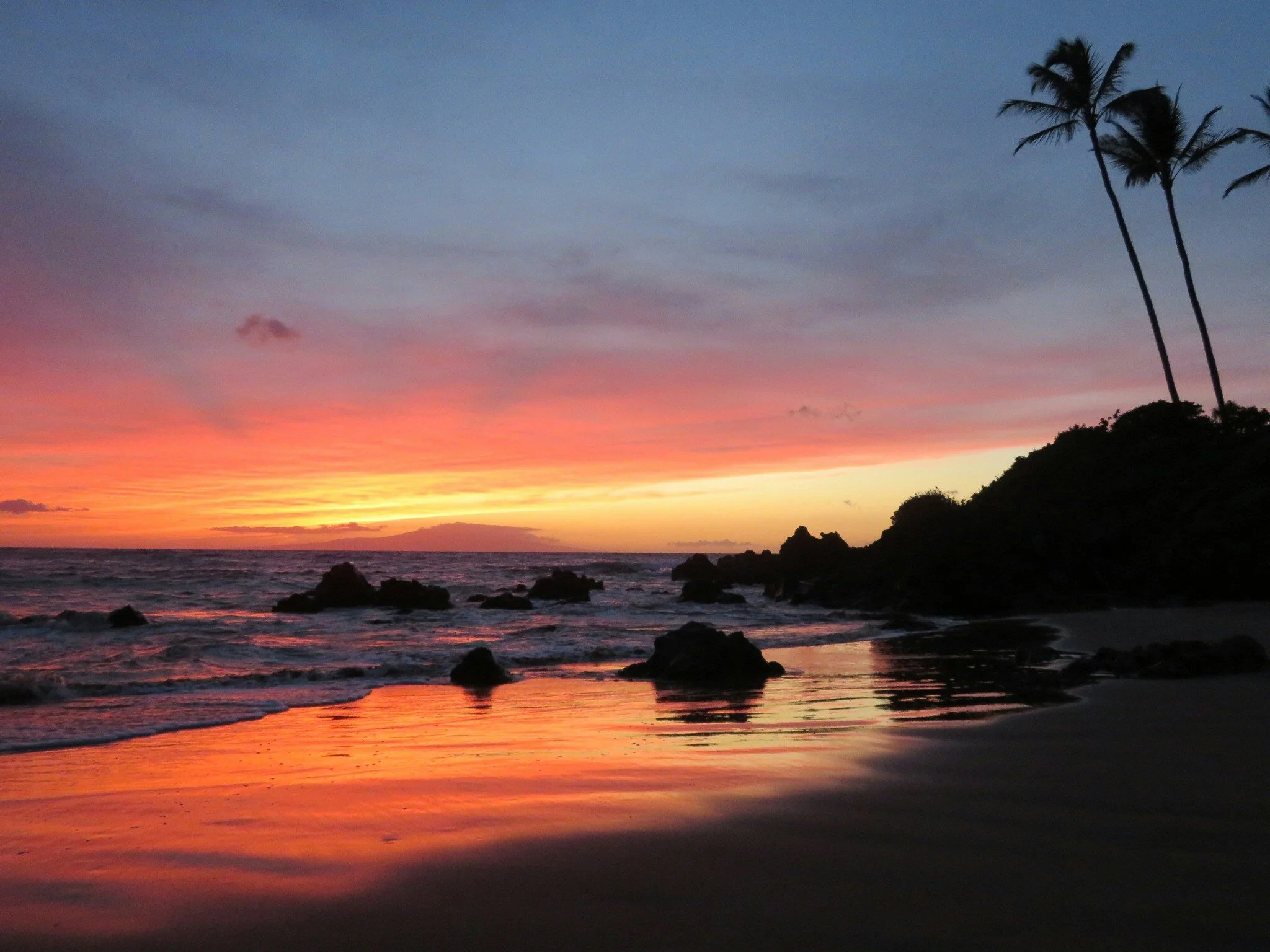 Sunset over a tropical beach with colorful sky, palm trees, rocks, and calm ocean waters reflecting the sunset colors.