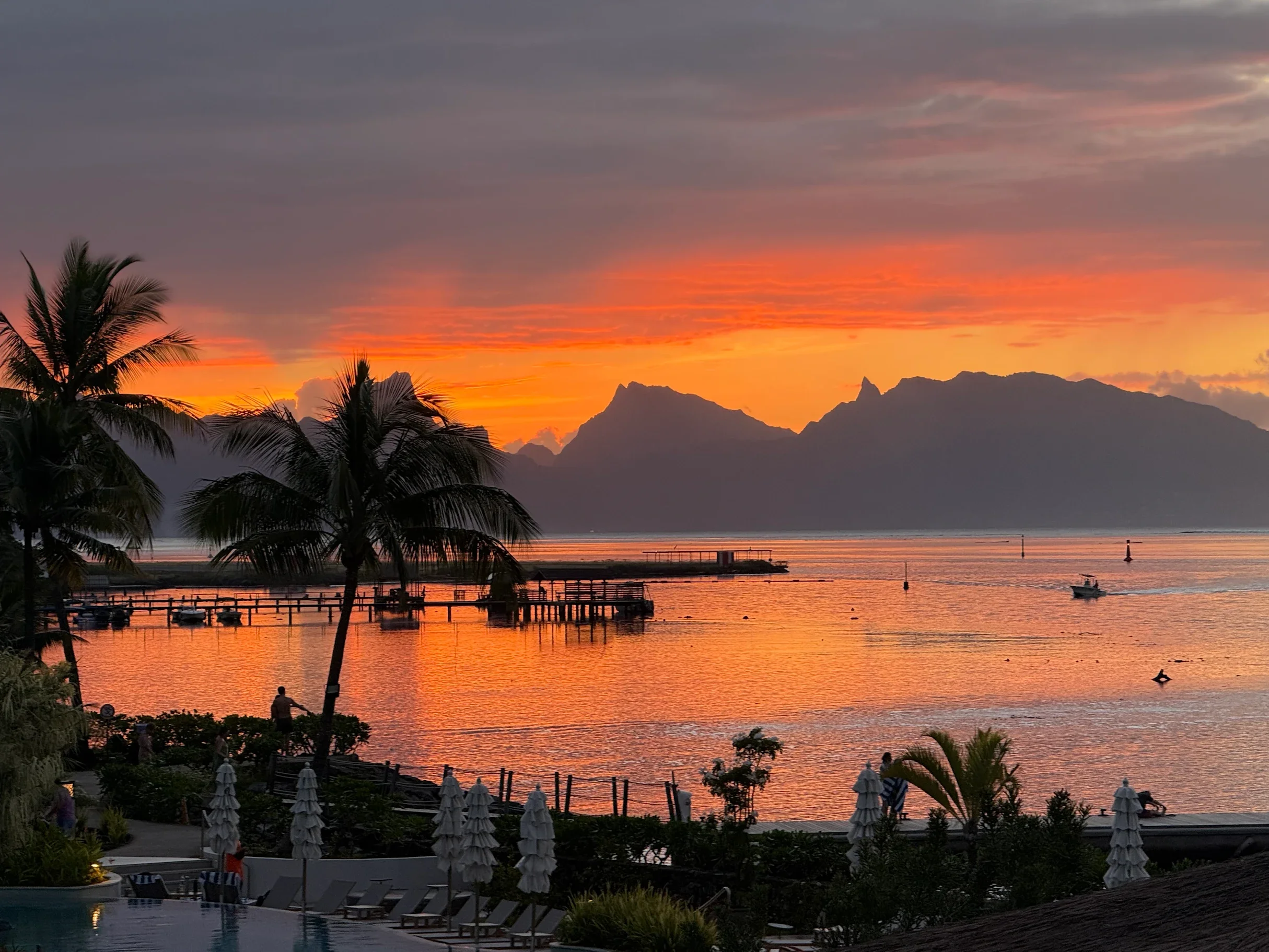 Tropical beach sunset with palm trees and mountain views for a luxury island escape