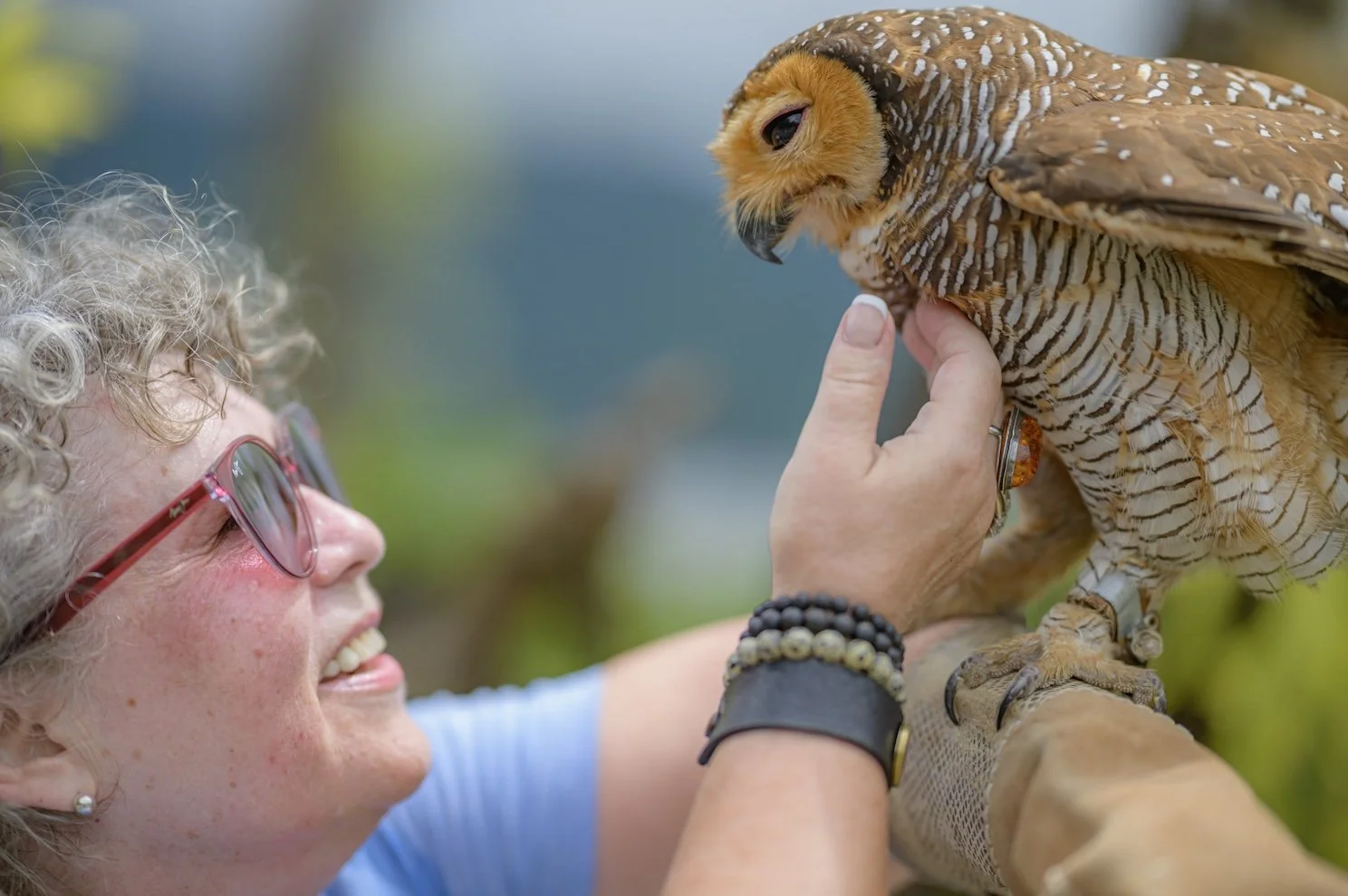 Bo Kociuba smiling while holding an owl during a wildlife encounter.
