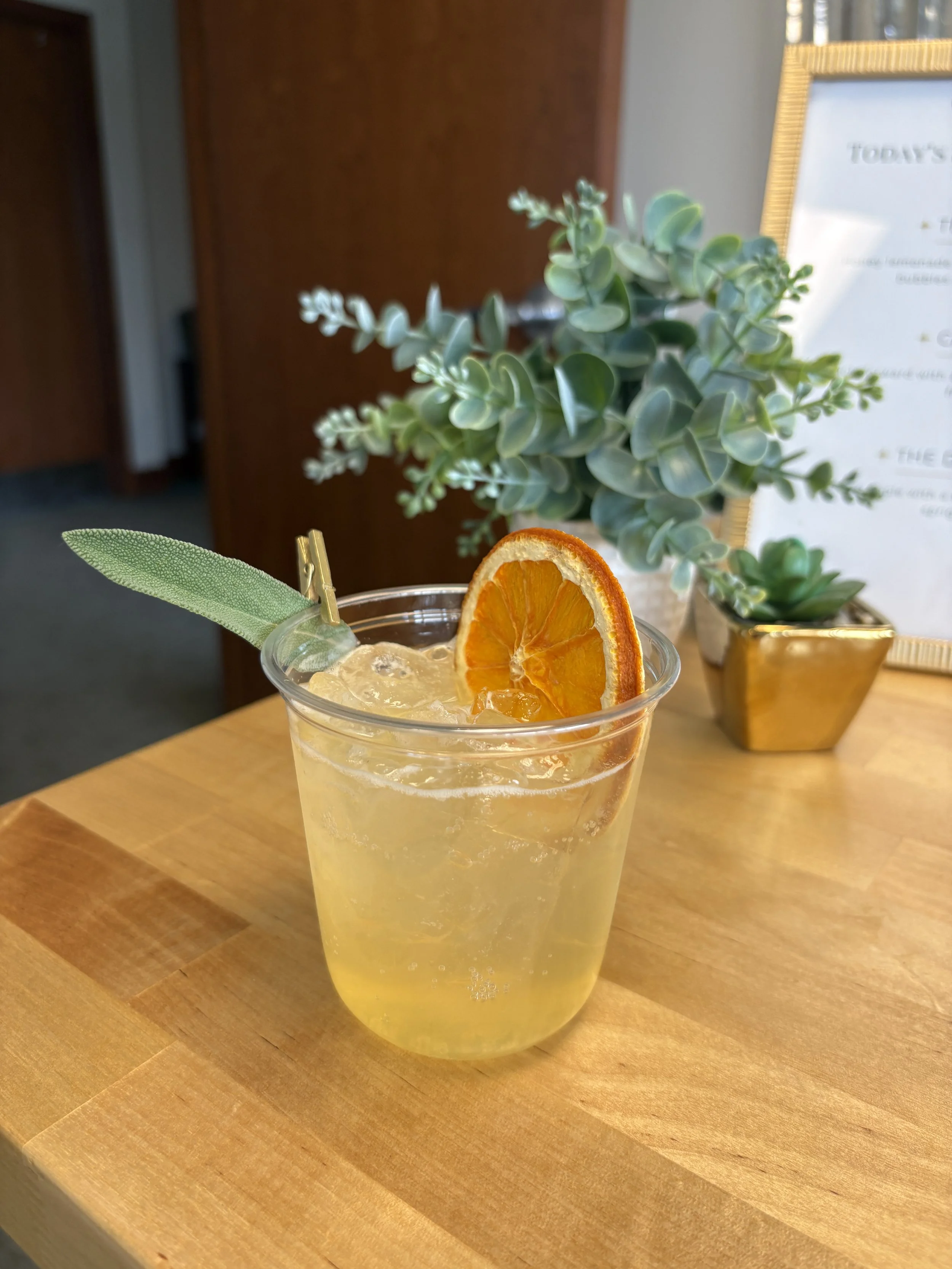 A glass of lemonade garnished with a dried orange slice, a green leaf, and a sprig of greenery, placed on a wooden table with potted plants and a framed sign in the background.