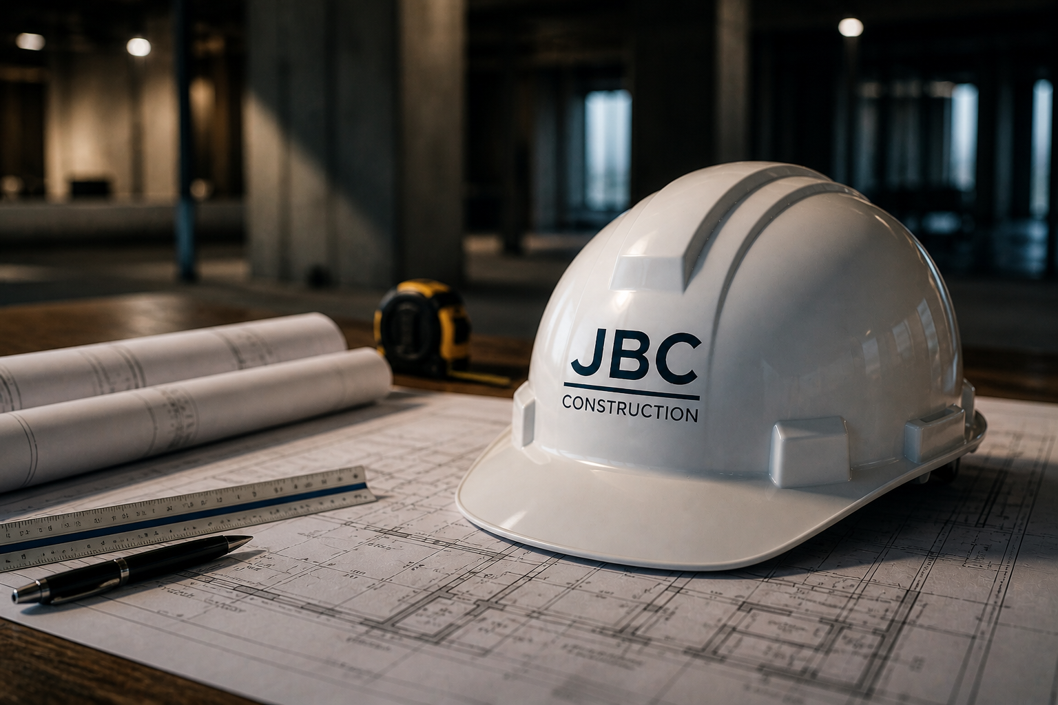 Construction plans, a white safety helmet labeled 'JBC Construction', a measuring tape, rolled blueprints, and a pen on a wooden table in a construction site.