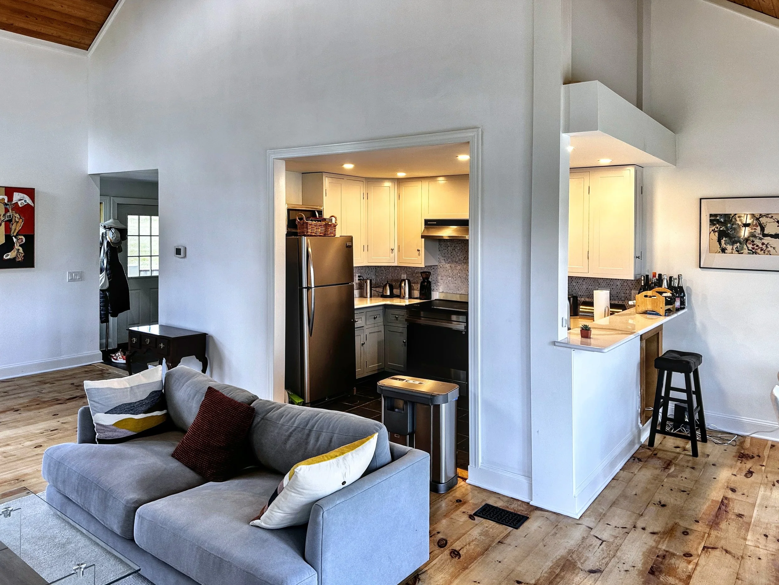 Open-concept living room with a grey sofa and decorative pillows, view into a kitchen with white cabinets, stainless steel refrigerator, and bar area with bottles and small plant.