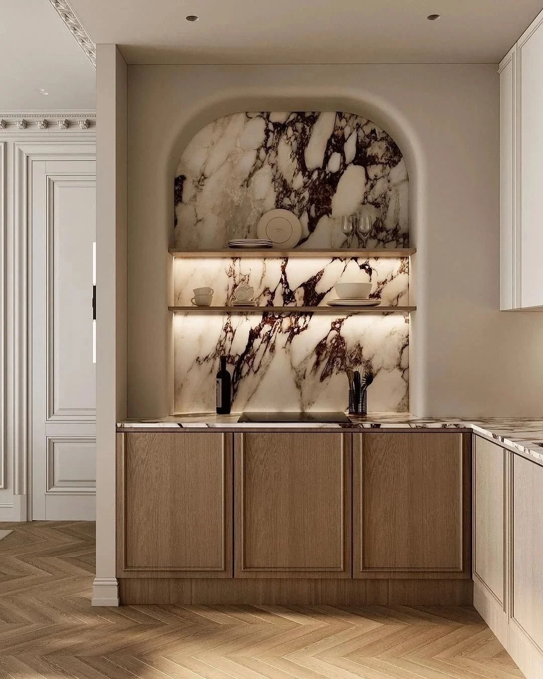 Kitchen backsplash with backlit marble and wooden cabinetry. Home styling Edmonton